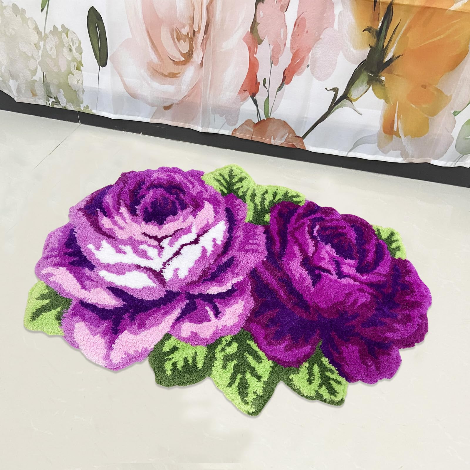 USTIDE Fluffy Purple Rose Bathroom Rugs - Soft Handmade Non-Slip Washable High Pile Doormat for Bathroom & Entryway - Perfect for Cozy Home Decor, Spa-Like Bathroom Experience, and Welcoming Entry Floor Mat