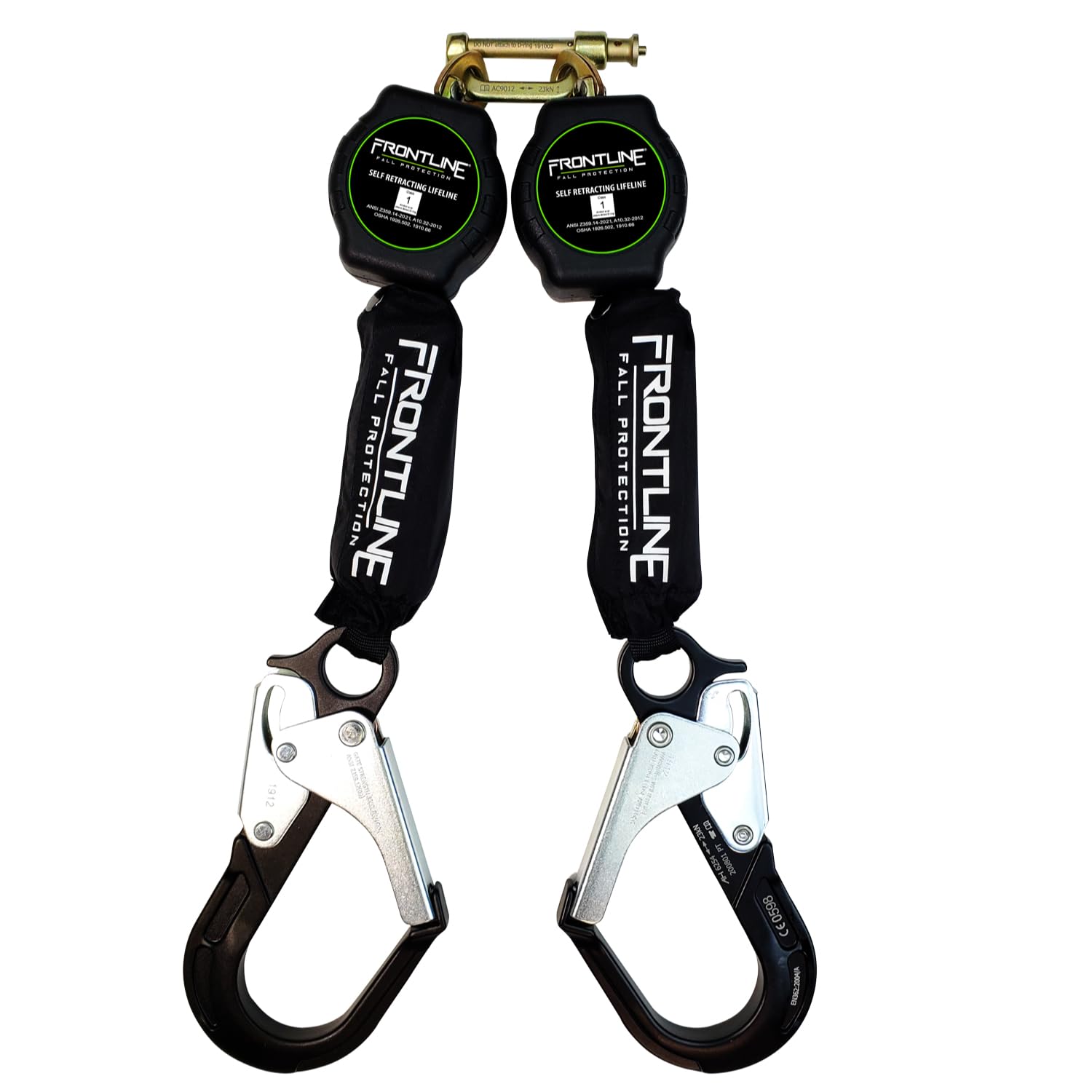 Frontline RPA062RA 6-Foot Aramid Web Twin Leg Self-Retracting Lifeline with Aluminum Rebar Hook Ends | 310 lbs Capacity | Lightweight & Durable Fall Protection Equipment | Aramid Fiber Webbing Safety Harness | ANSI & OSHA Compliant | ISO Certified | Ideal for Construction, Roofing & Industrial Work
