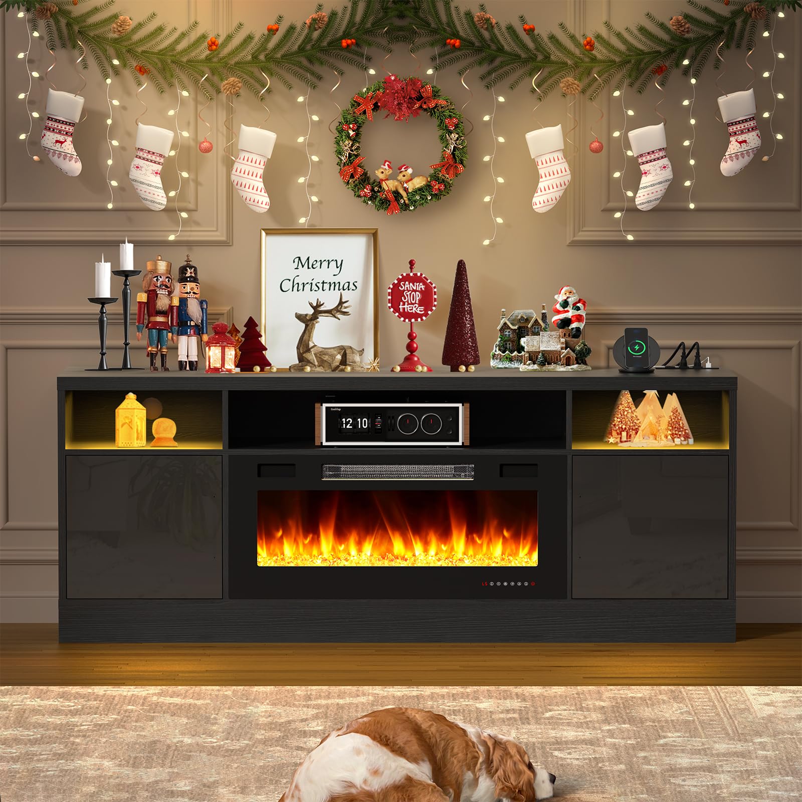 BREEZEHEAT 70 Inch TV Stand with Electric Fireplace - LED Entertainment Center for 80 Inch TVs - Modern TV Console with Storage Cabinets & Power Outlets - Black - Perfect for Living Room Home Theater Setup
