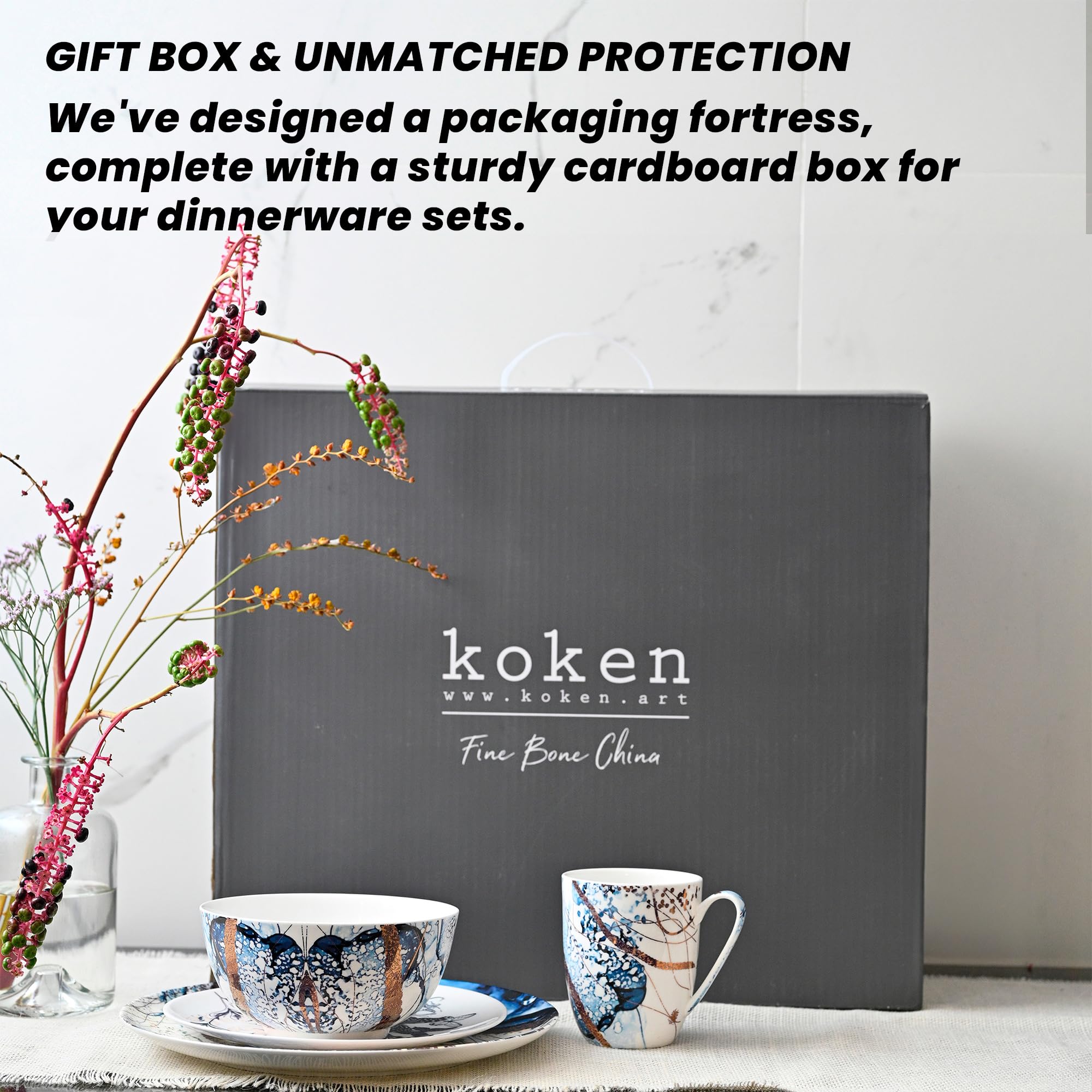 KOKEN 16-Piece Ceramic Dinnerware Set for 4 - Bone China Plates & Bowls (Dinner Plates, Salad Plates, Cereal Bowls) - Microwave Safe Dish Set - Perfect for Family Meals, Dinner Parties & Everyday Use