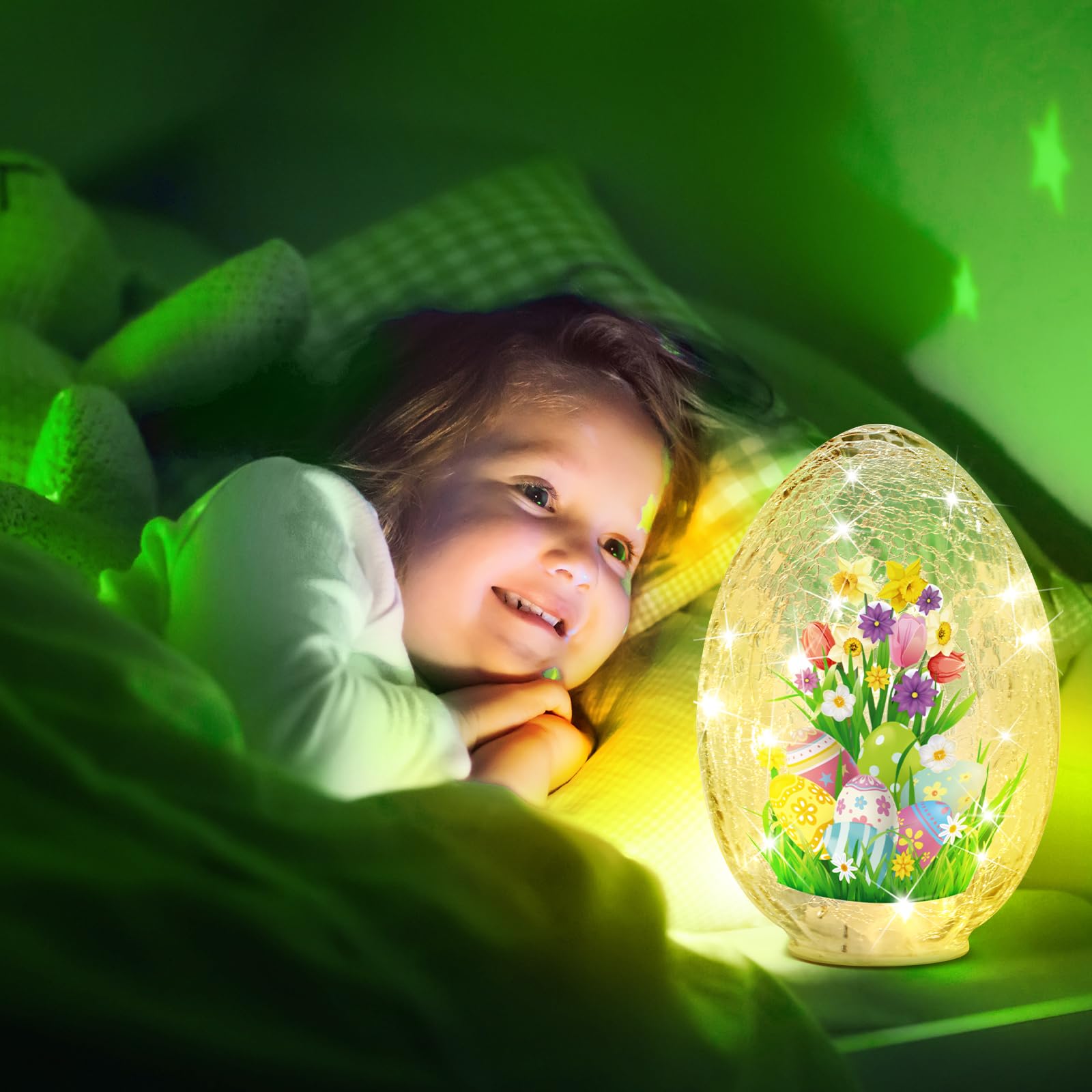 5.75 x 5.25 x 8.25 Inch Crackle Glass Easter Egg Light - Battery Operated Glowing Orb Decor for Home, Party, and Holiday Decorations - Perfect for Easter, Christmas, and Festive Tabletop Display