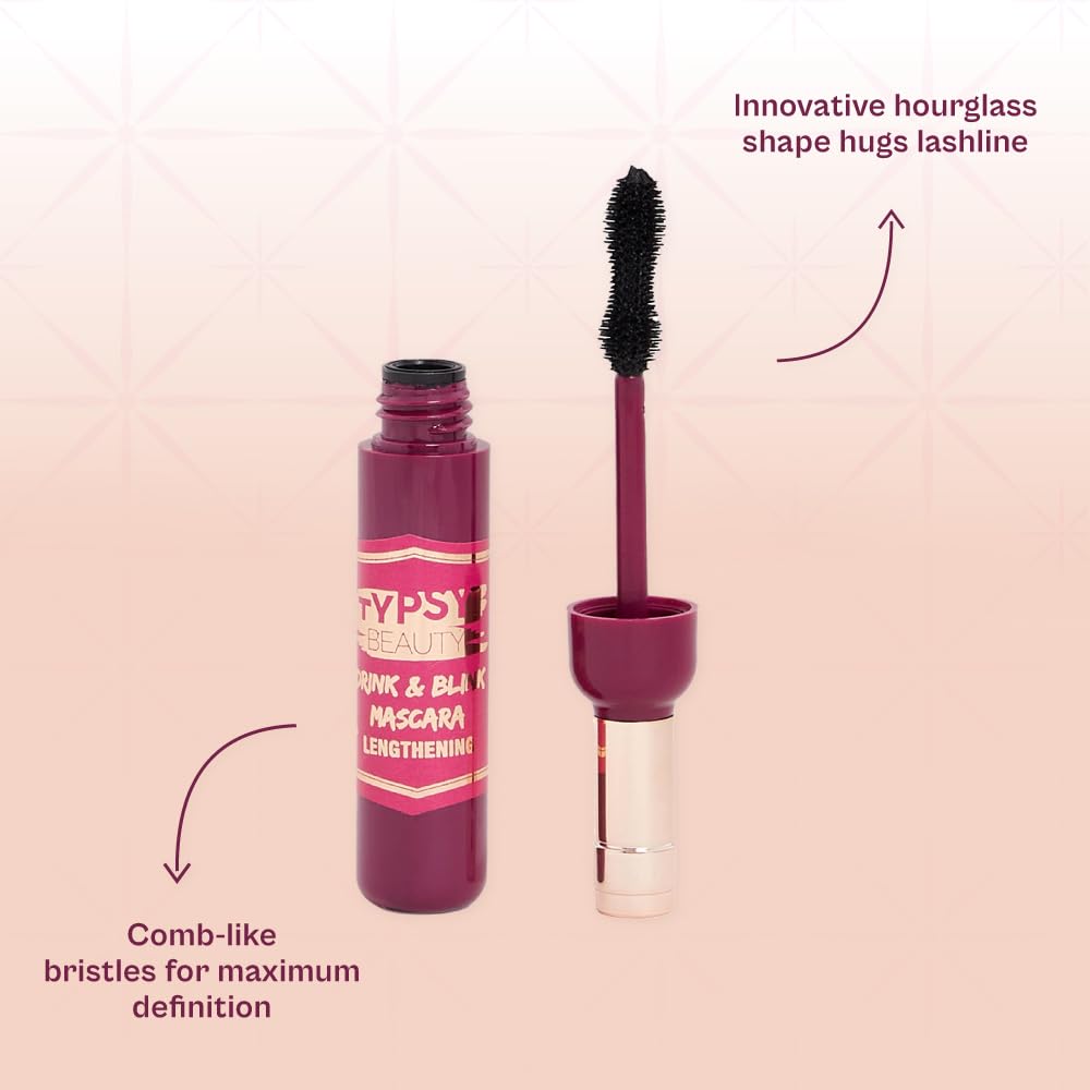 Typsy Beauty Drink & Blink Lengthening Mascara - Intense Black for Extreme Volume & Length | Hourglass Wand for Clump-Free, Long-Lasting Wear | Paraben & SLS Free (9g) | Perfect for Day to Night Makeup, Parties & Special Occasions