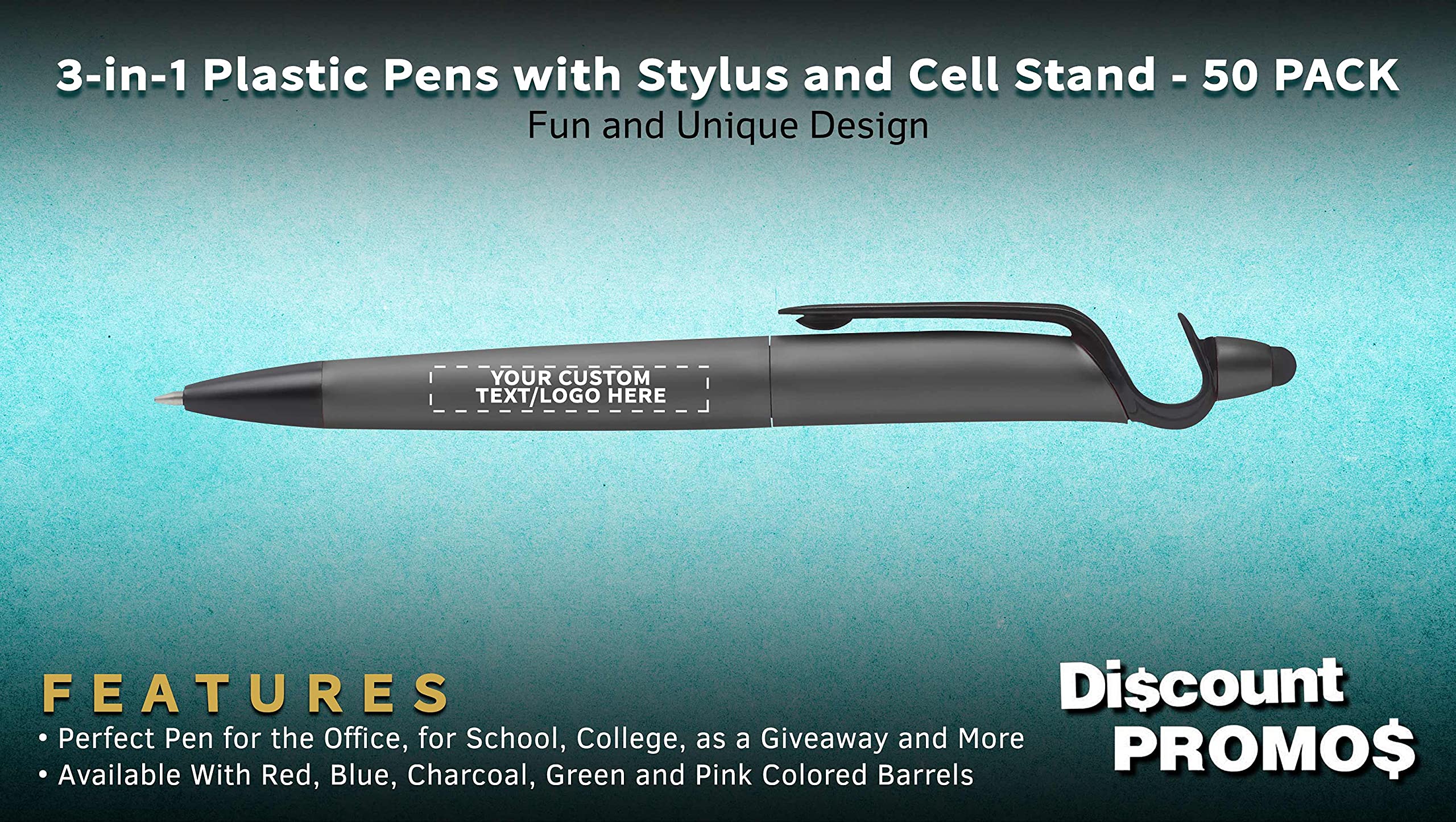 3-in-1 Multi-Function Stylus Pen with Phone Stand - 50 Pack Bulk Ballpoint Pens with Black Ink - Custom Text & Logo Printing - Ideal for Office, School & Business Promotions