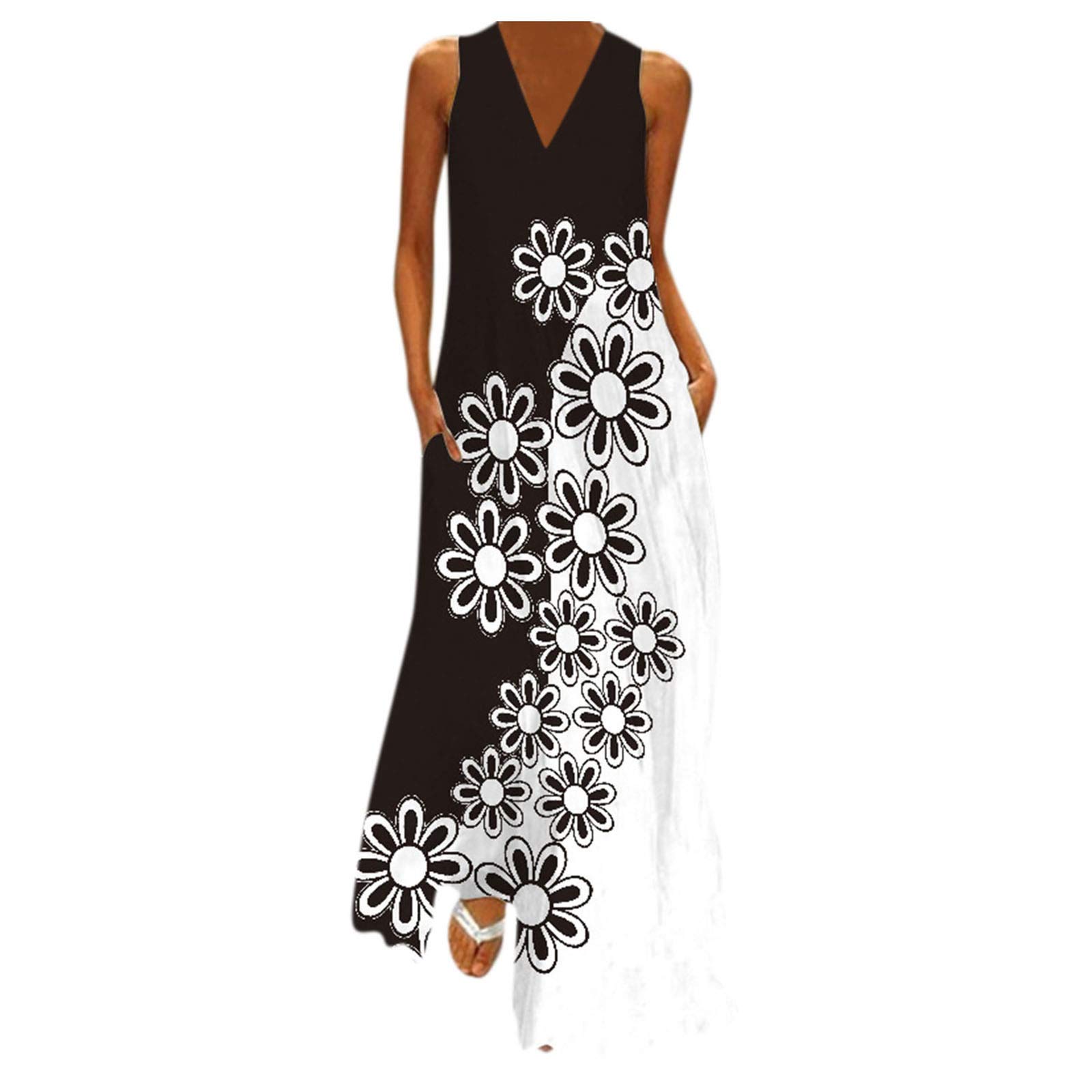 Women's V-Neck Summer Maxi Dress with Pockets - Floral Print Sleeveless Cami Shift Dress in White | Perfect for Beach Vacations, Pool Parties & Casual Outings