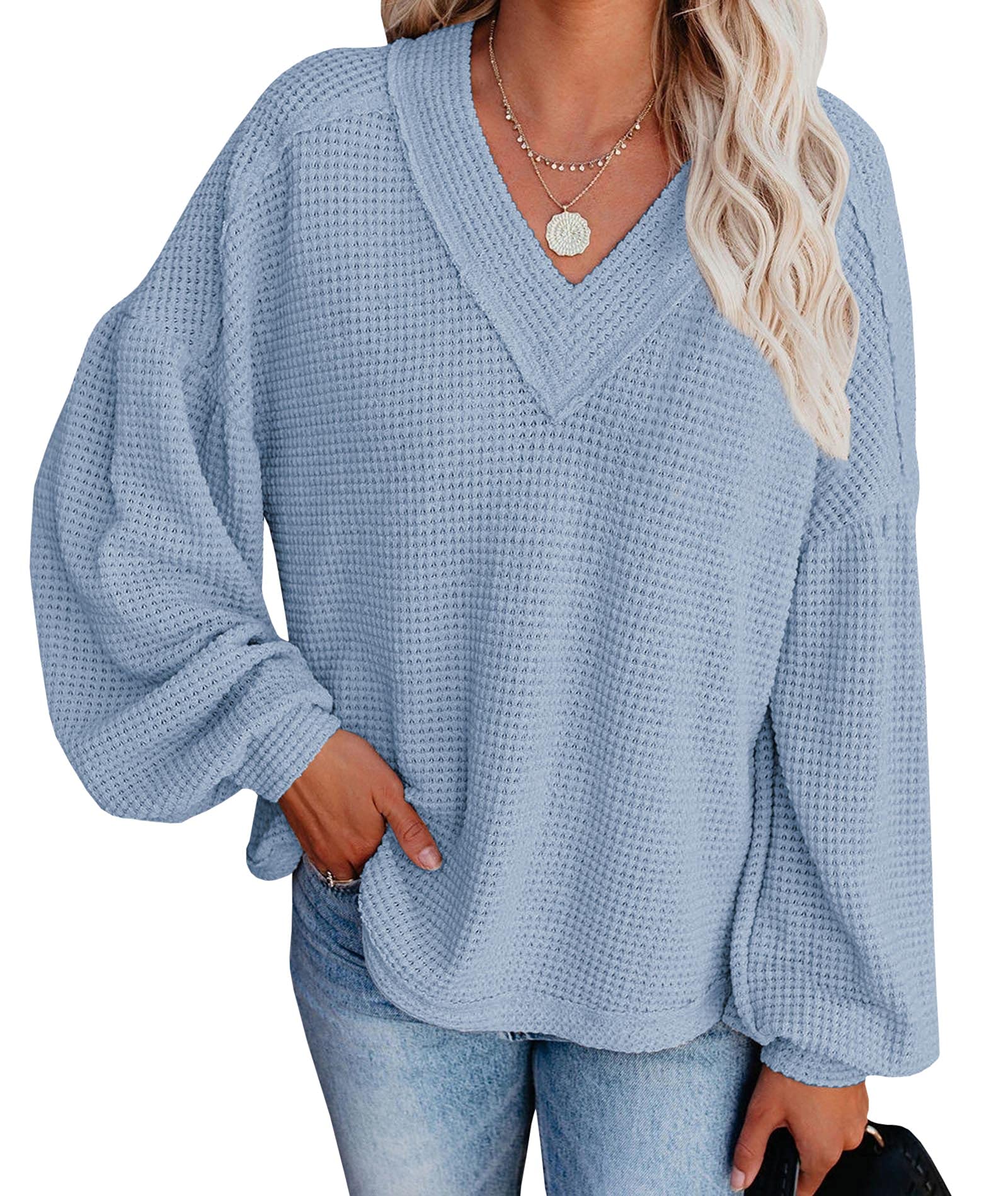 Sexyshine Women's V-Neck Long Lantern Sleeve Oversized Waffle Knit Sweater - Cozy Winter Pullover for Fall & Casual Outfits | Perfect for Date Nights, Office Wear & Holiday Gatherings