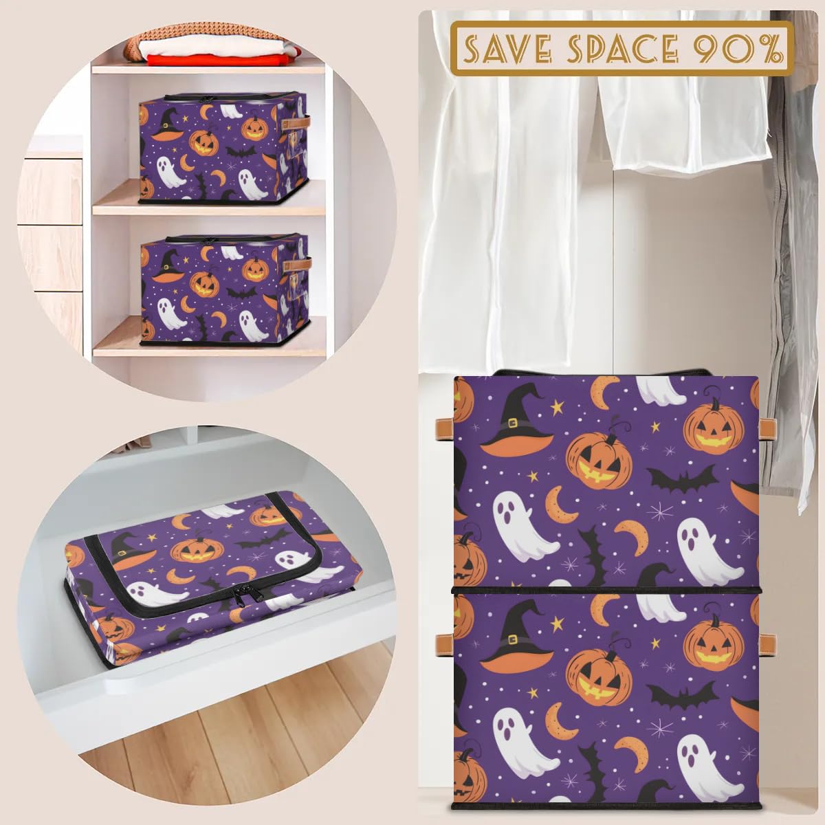 Halloween Ghost Storage Boxes with Sturdy Handles - 2 Pack Zippered Storage Bins for Clothes, Toys & Home Organization | Perfect for Seasonal Decor, Kids' Room & Party Supplies