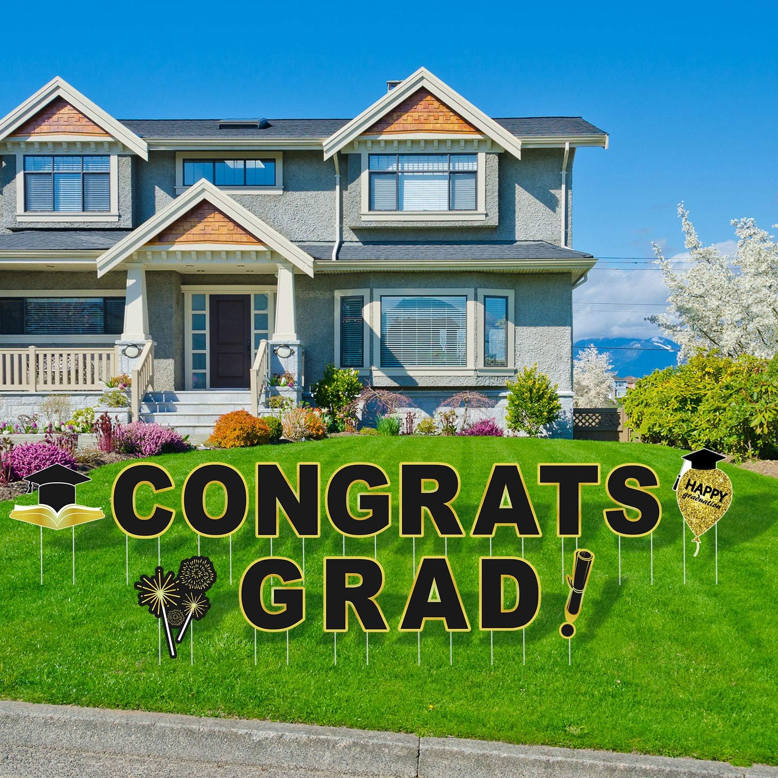 RUODON 2025 Graduation Yard Signs - Waterproof Lawn Decorations with Stakes for Outdoor Graduation Party | Congrats Grad Decor in Black & Gold | Perfect for Backyard Celebrations, School Events & Photo Backdrops