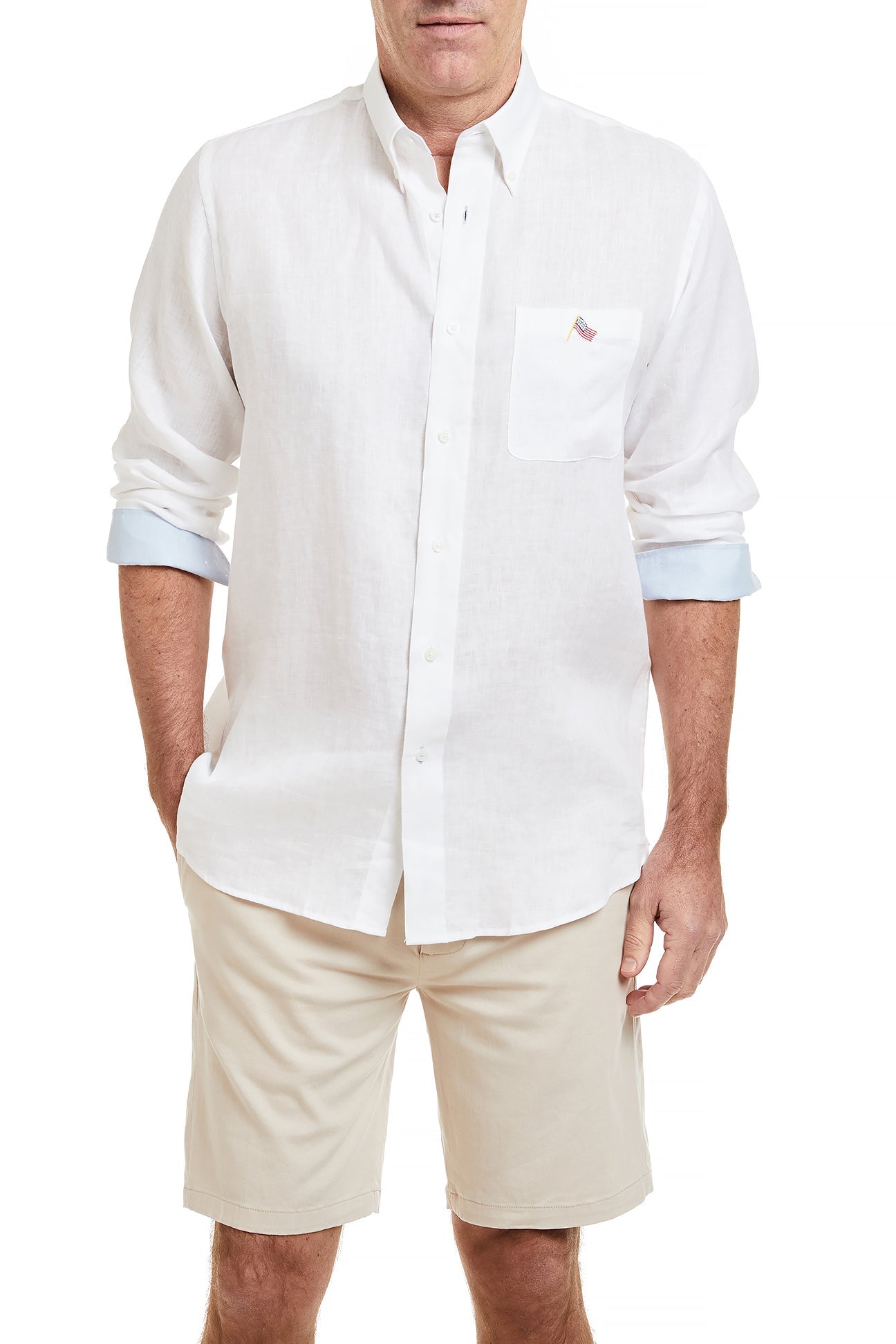 Men's Linen Chase Shirt - White with Powder Blue Trim & USA Flag Design - Perfect for Summer Outfits, Casual Wear, and Patriotic Events