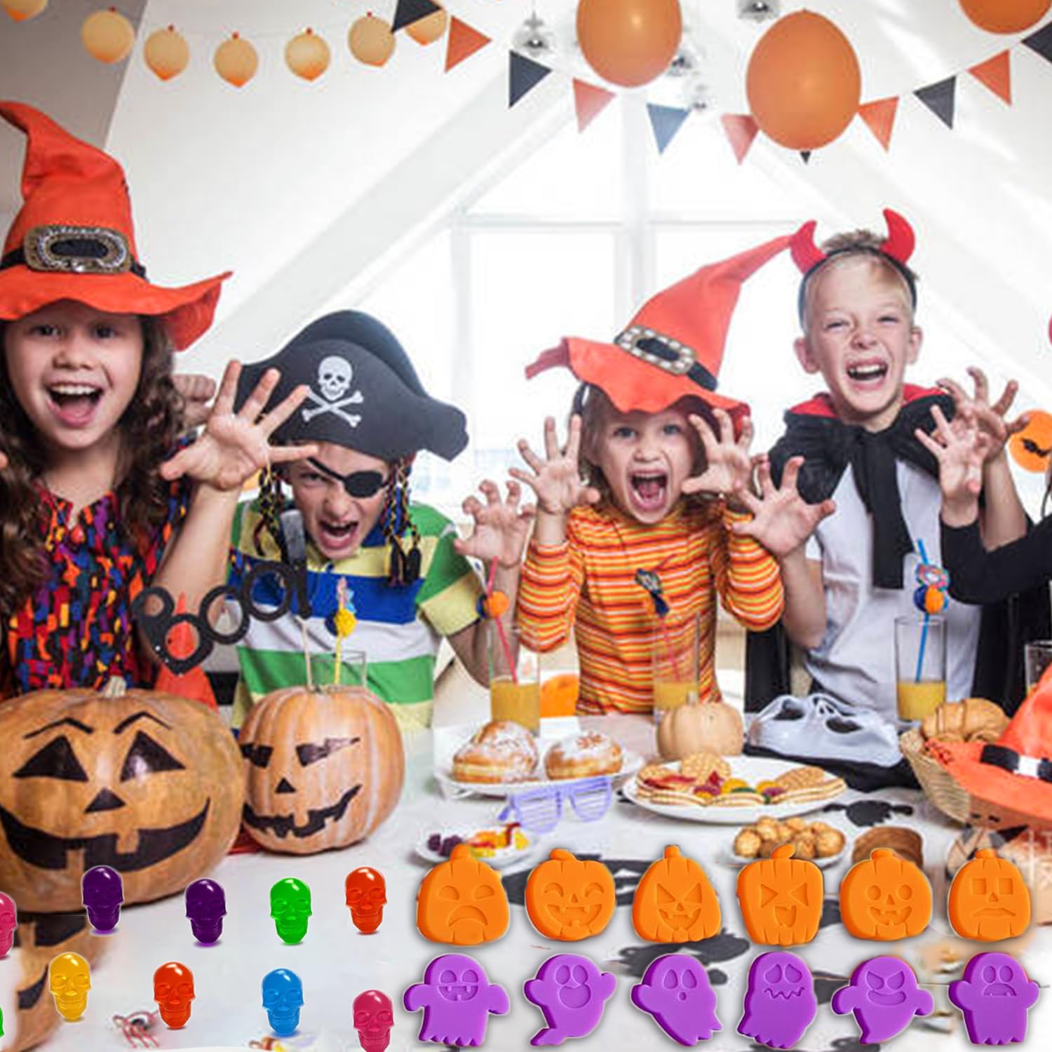 3 Pack Halloween Candy Silicone Molds - 145 Cavity Mini Pumpkin, Ghost, Skull & Spider Witch Hat Chocolate Molds with 2 Droppers | Perfect for DIY Gummy, Chocolate & Candy Making at Home, Parties & Halloween Treats