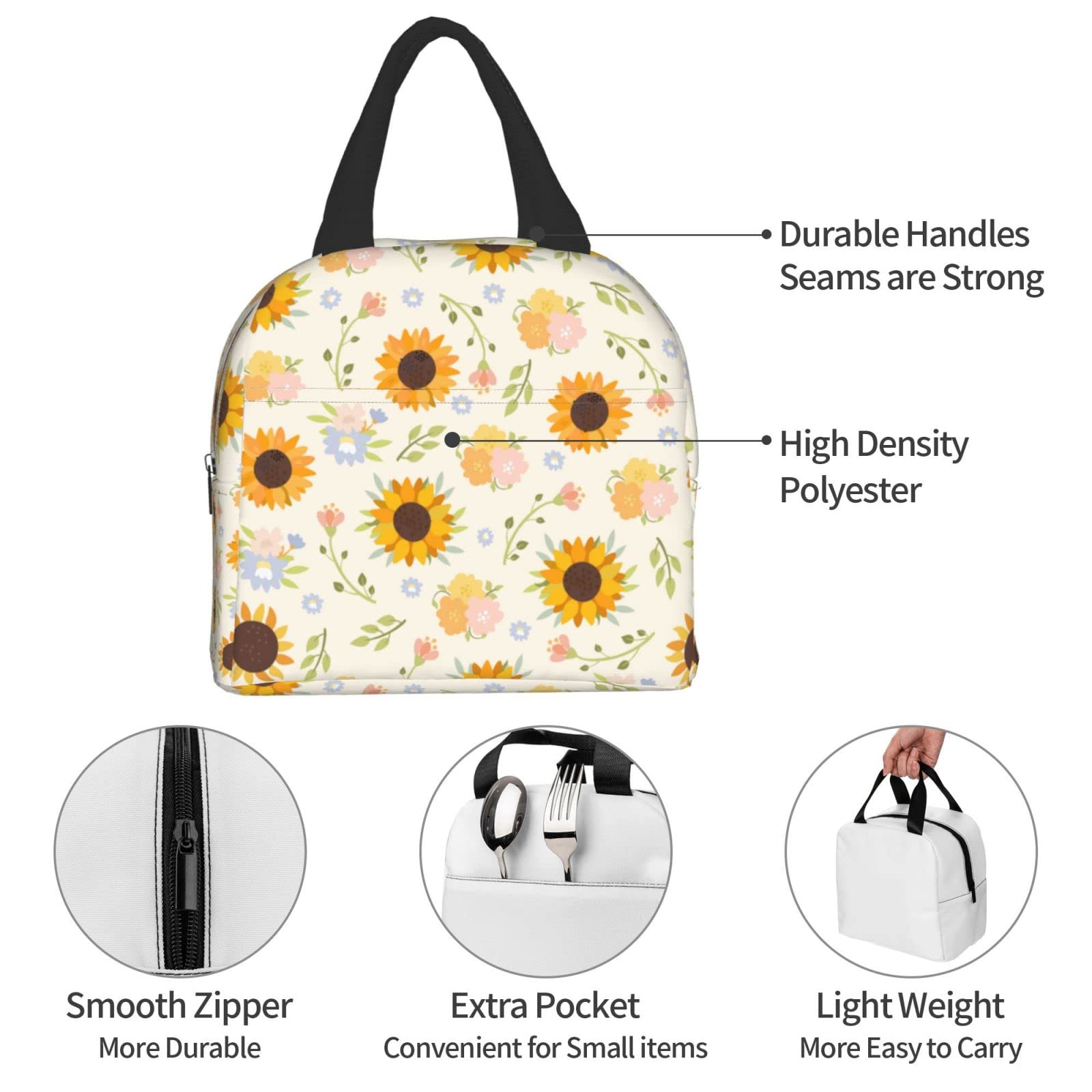 Insulated Sunflower Floral Lunch Bag - Reusable & Leak-Proof Lunch Box for Men & Women | Perfect for Work, School, Travel & Picnic | Portable Meal Container with Thermal Insulation