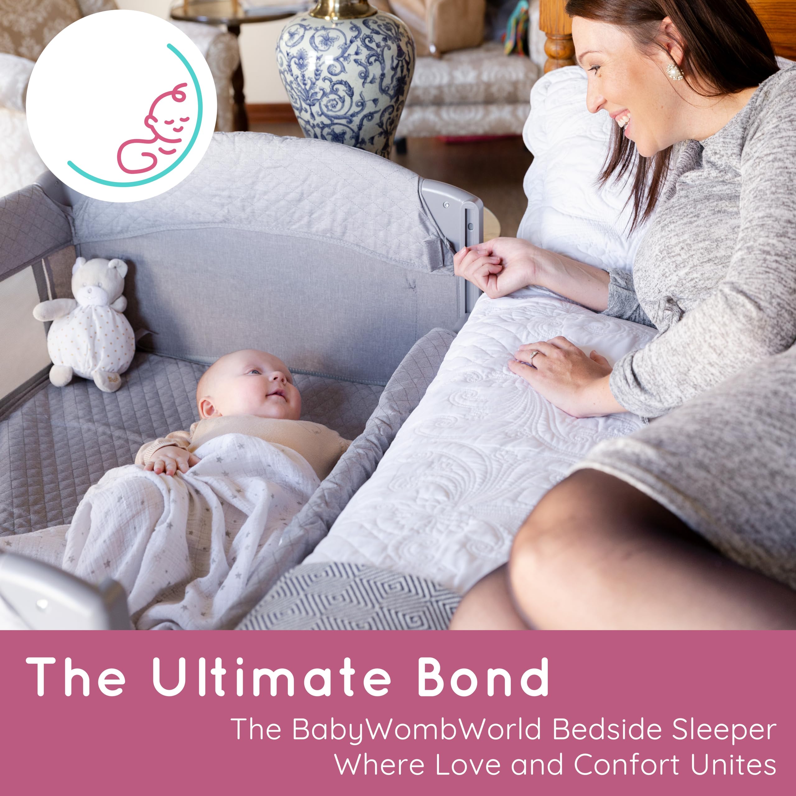 BabyWombWorld Portable Baby Bassinet Bedside Sleeper - Soft Newborn to Toddler Crib with Storage & Wheels | Safe Co-Sleeping Solution for Nursery, Bedroom & Travel