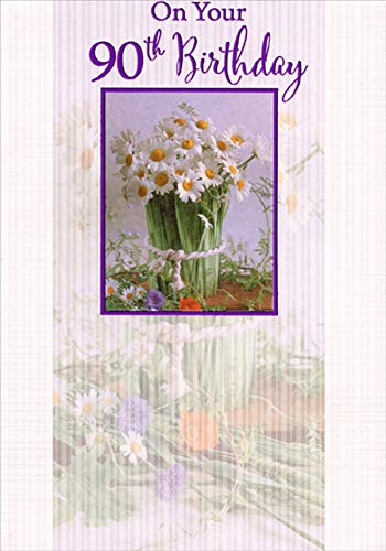 90th Birthday Card with Purple Foil Frame & Daisy Design - Elegant Floral Greeting Card for 90 Year Old Women - Perfect for Milestone Celebrations & Gift Giving