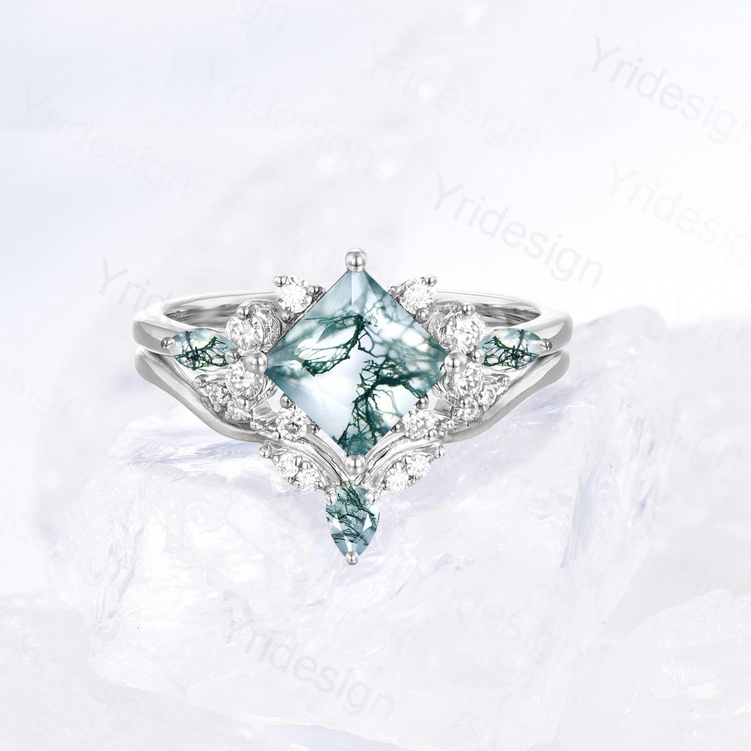 14K Rose Green Moss Agate Princess Cut Engagement Ring Set with Moissanite Accents - Art Deco Style Cluster Bridal Jewelry for Women - Perfect for Proposals, Weddings & Anniversary Gifts