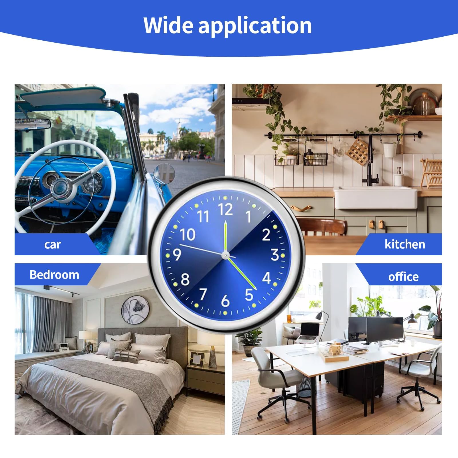 YOUNGFLY Mini Car Dashboard Clock - Luminous Analog Stick-On Vent Clock for Vehicles, Bikes, Motorcycles & Boats - Small Magnetic Pocket Watch for Home & Auto Decor (Black, Blue) - Perfect for Night Driving, Travel & Outdoor Adventures