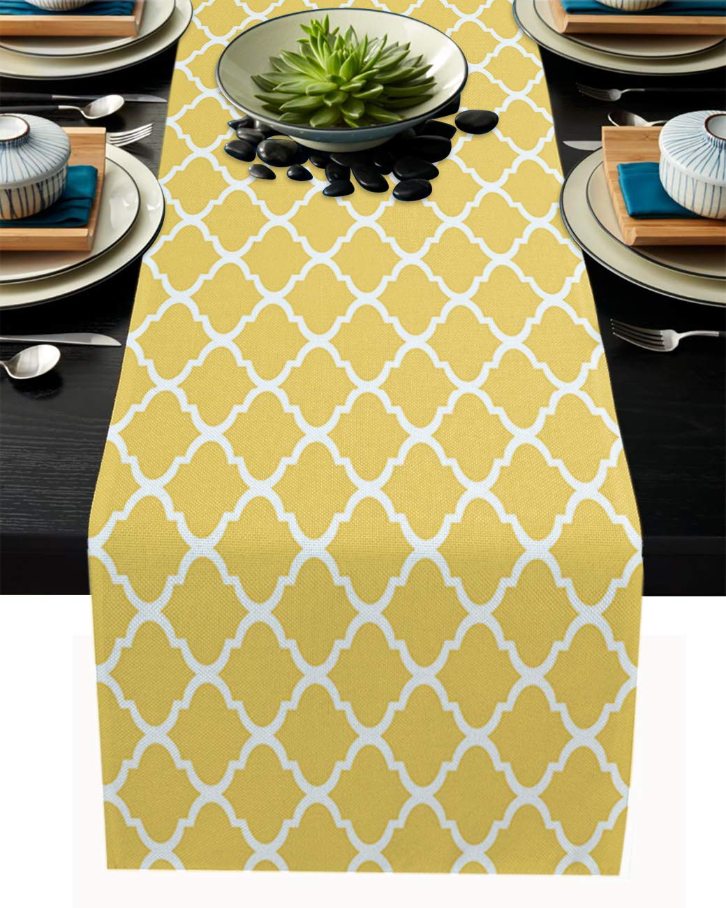 Modern Moroccan Geometric Yellow Burlap Table Runner - 14x72 Inch Farmhouse Kitchen Decor, Linen Dresser Scarf for Dining Tables, Party & Outdoor Use - Perfect for Rustic Weddings, Holiday Gatherings & Home Styling
