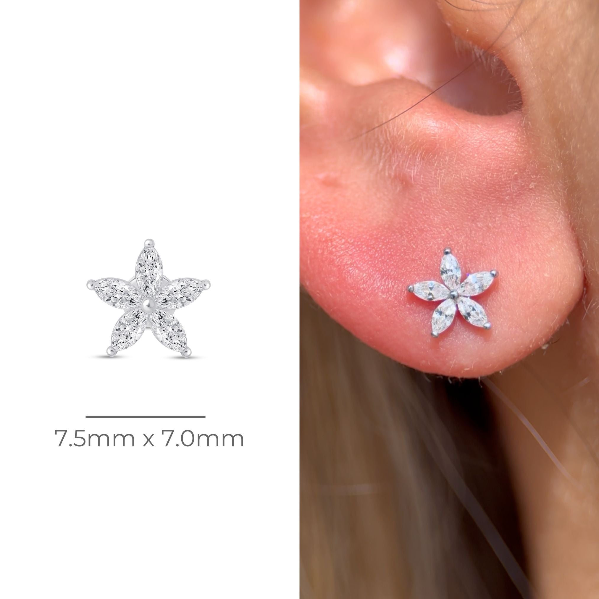 14k White Gold Marquise Flower Flat Back Earrings for Women - Elegant Dainty Studs for Daily Wear, Parties & Special Occasions