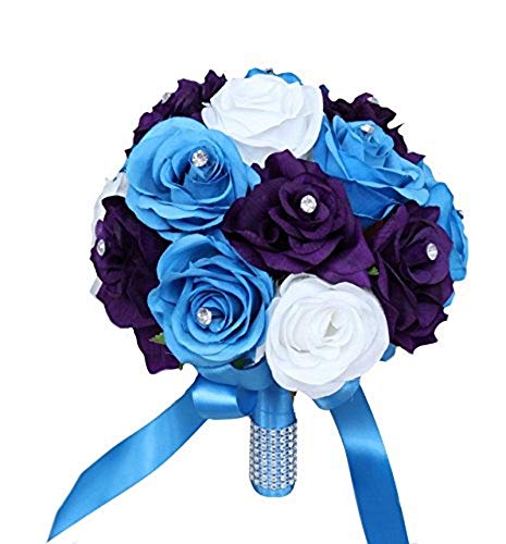 Angel Isabella Wedding Bouquet - Artificial Flowers Set with Malibu Turquoise, Purple, White Roses & Daisies (9