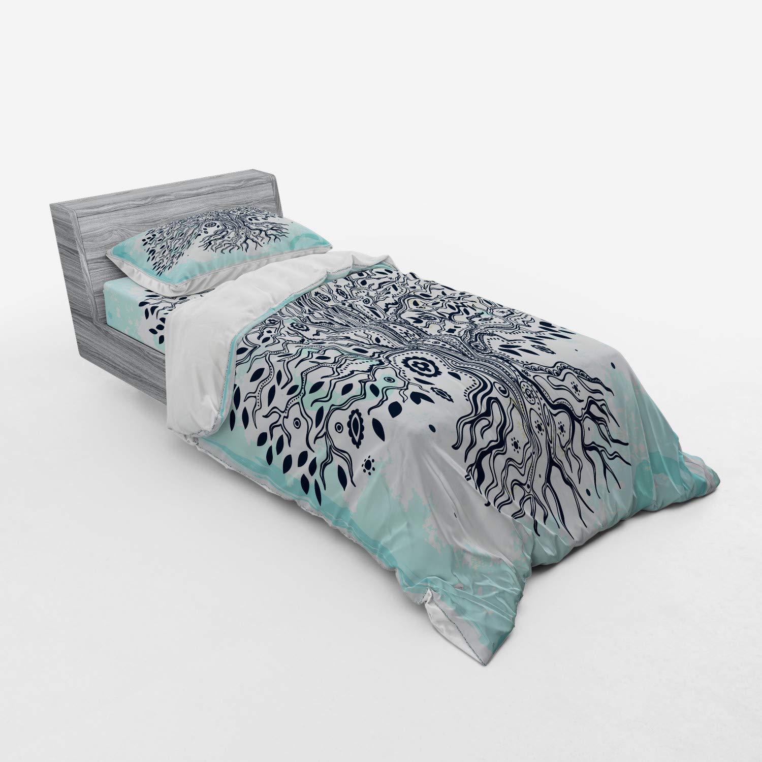 Ambesonne Bohemian Tree of Life Duvet Cover Set - 3 Piece Twin Size Bedding with Sham & Fitted Sheet, Indigo Cream Pale Blue Ethnic Print - Perfect for Boho Chic Bedroom Decor & Hippie Themed Home Styling