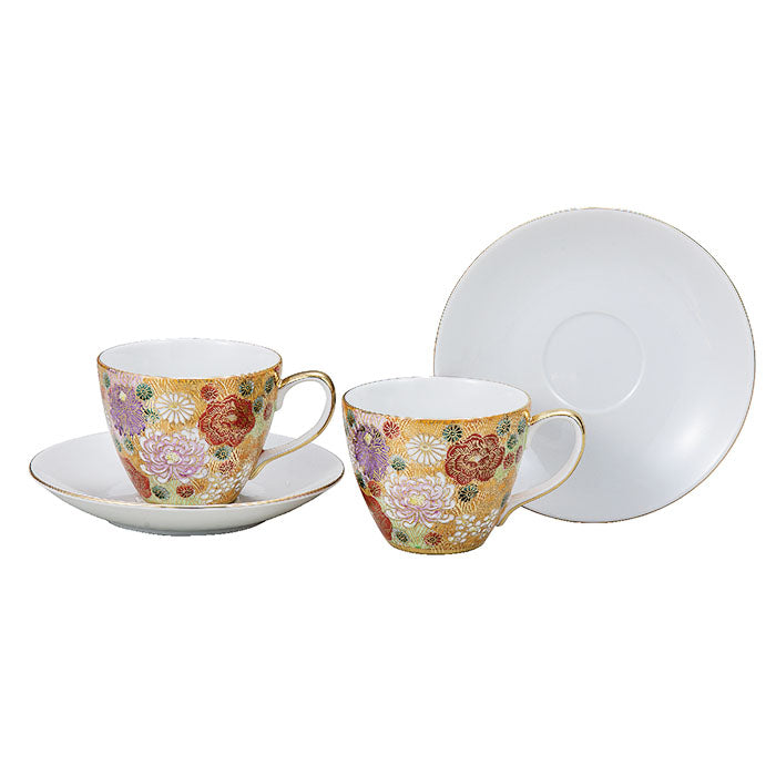 Kutani Ware Hanazume Floral Pair Coffee Cups - Japanese Porcelain Tea Set for Home, Cafe & Gift Giving