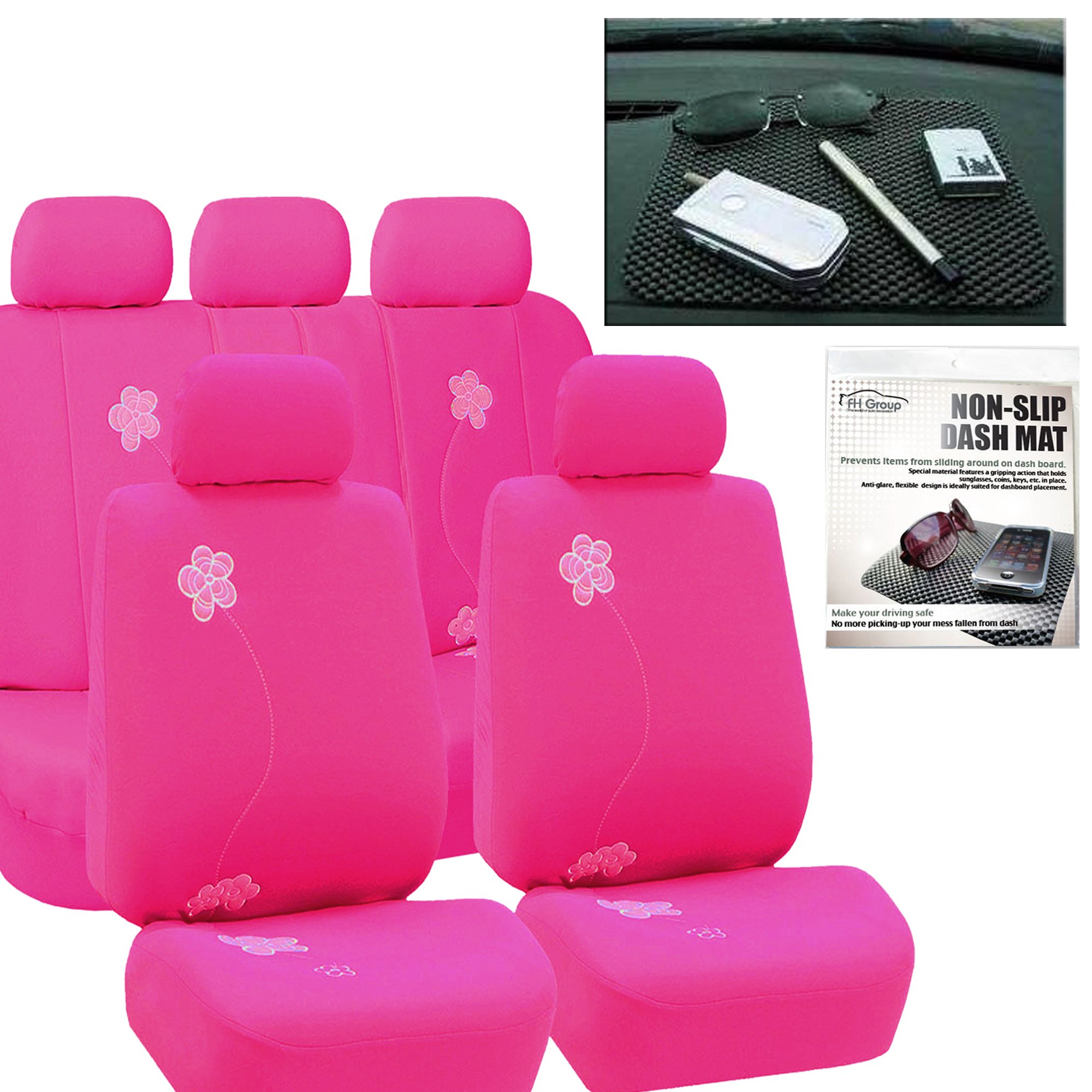 FH Group Floral Full Set Pink & Black Car Seat Covers - Universal Fit Airbag Compatible Split Rear Design for Cars, Trucks & SUVs | Durable Interior Accessories for Daily Commute, Road Trips & Family Protection