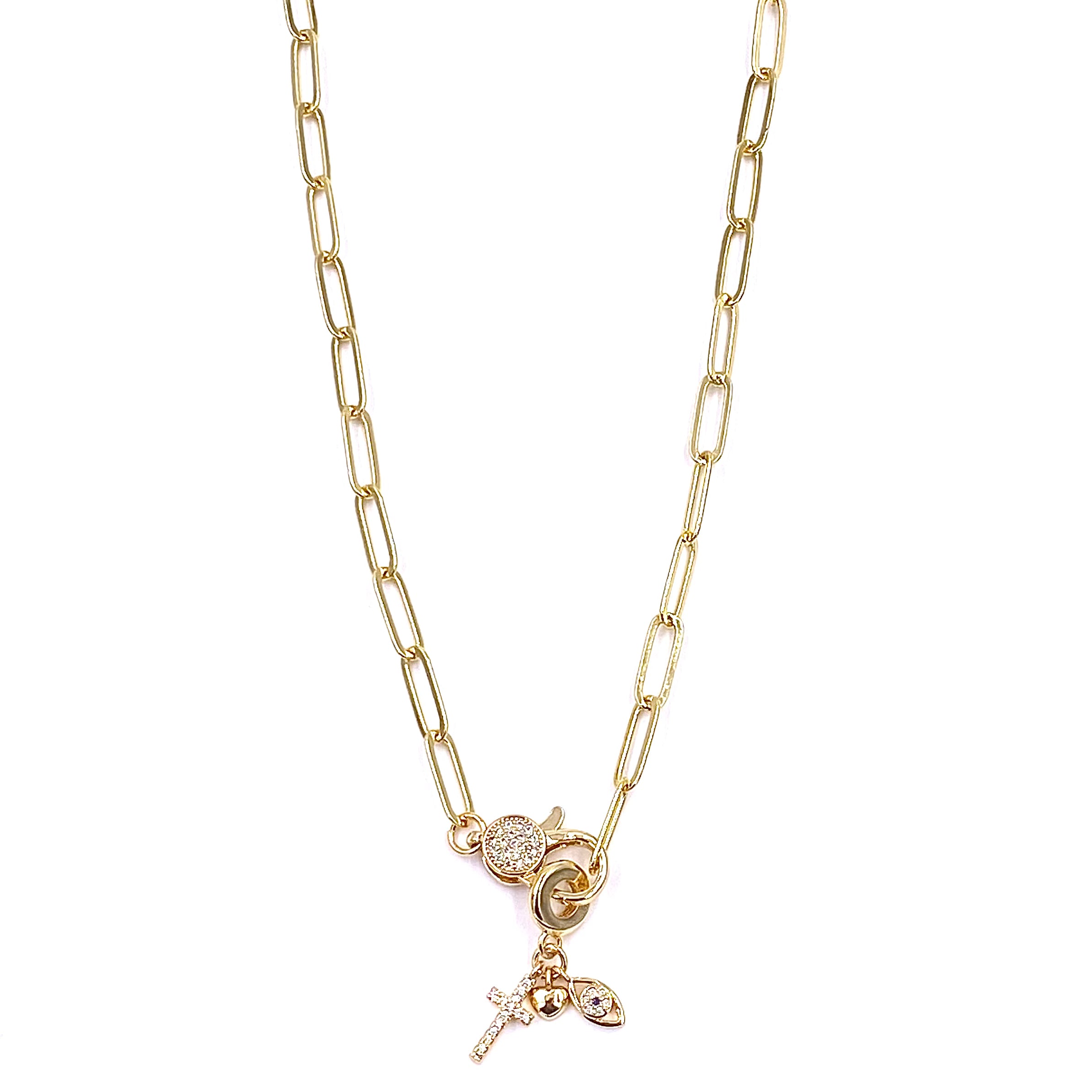 Ashley Gold Stainless Steel Gold Plated CZ Lobster Clasp Detachable 3 Charm Necklace for Women - Elegant Layering Jewelry for Party, Wedding & Everyday Wear
