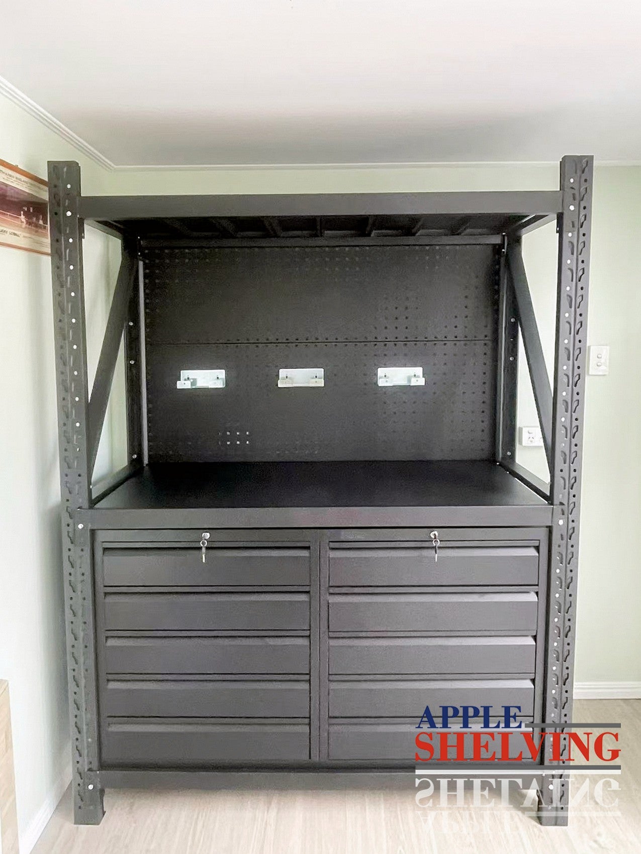 1.5m (5ft) Heavy Duty Steel Pegboard Workbench with 10 Drawers & Cabinet - Perfect for Garage, Workshop, and DIY Projects
