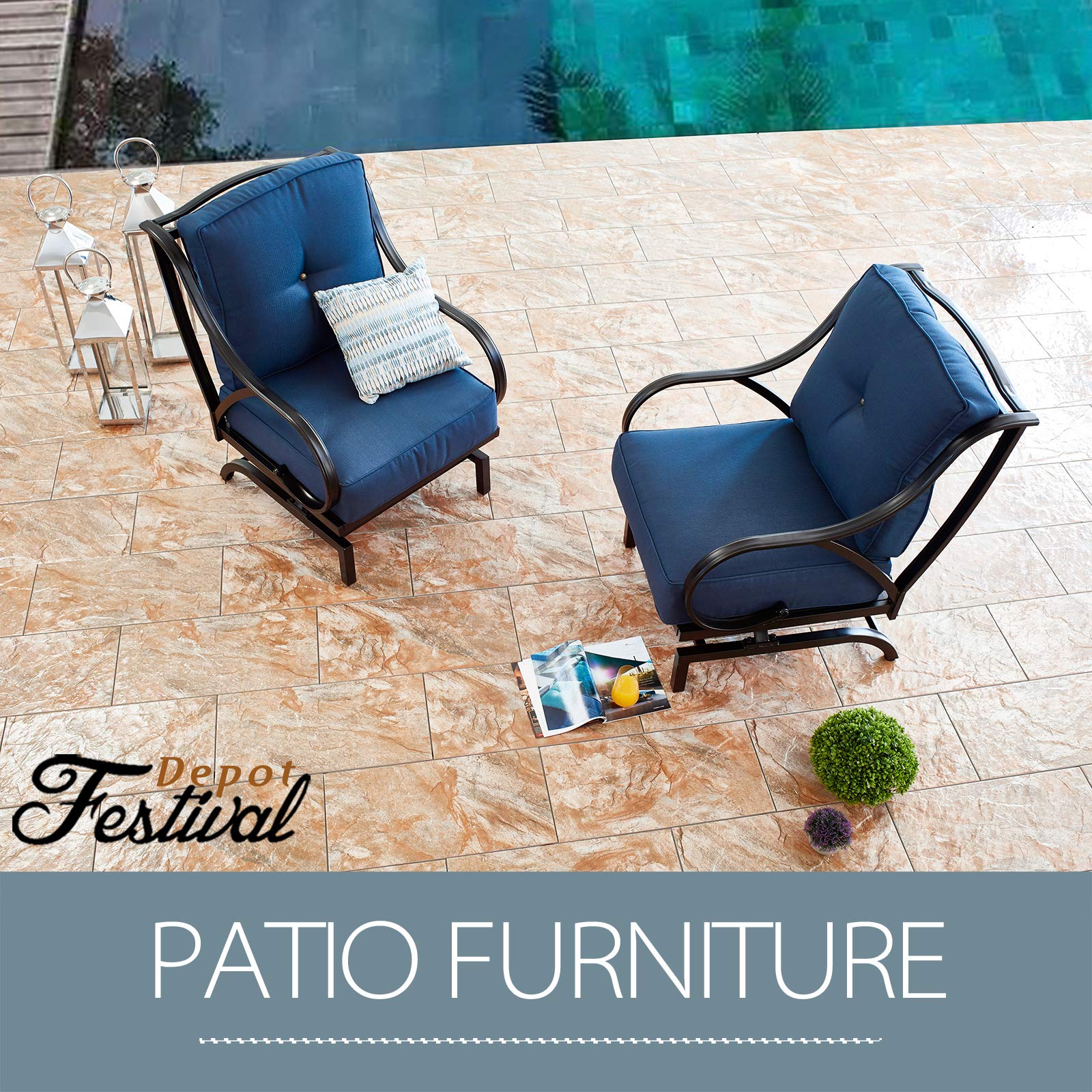 Festival Depot 2-Piece Metal Patio Armchair Set with Thick Cushions - Outdoor Bistro Furniture for Deck, Garden & Backyard (Blue) - Perfect for Relaxing, Entertaining & Outdoor Dining