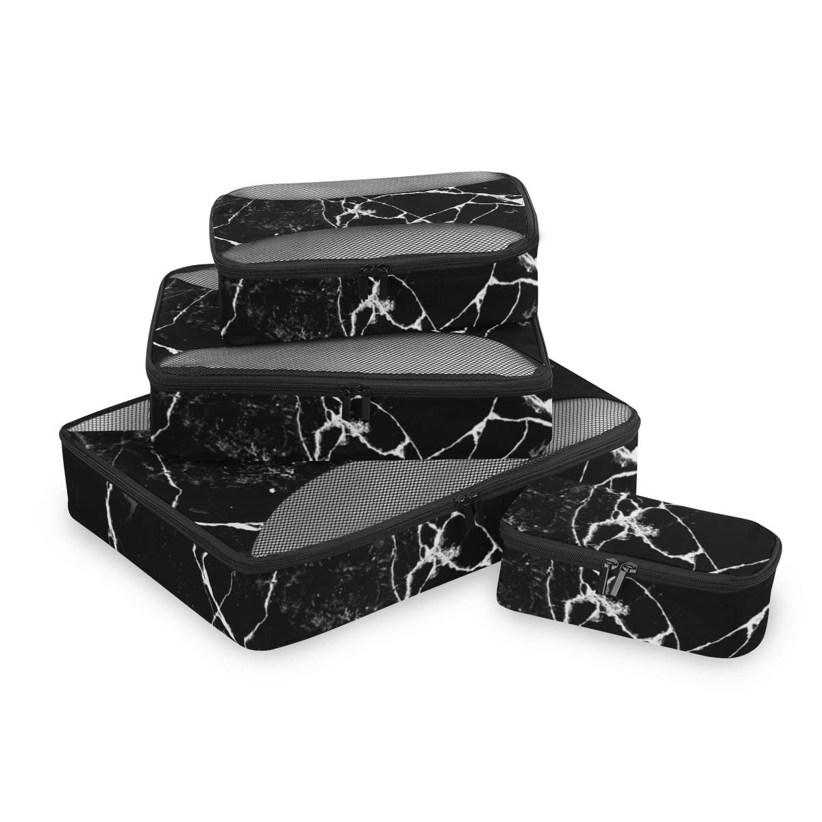 4-Piece Travel Packing Cubes Set - Black Marble Luggage Organizers for Men & Women | Perfect for Carry-On Bags, Suitcases & Backpacking Trips