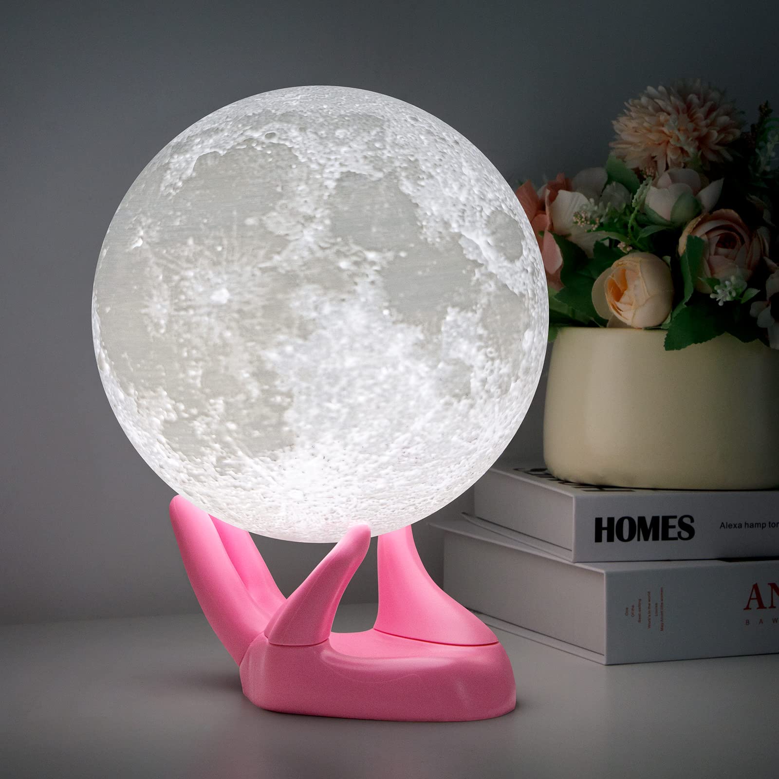 BRIGHTWORLD 3D Printed Moon Lamp - 4.7 Inch USB Rechargeable Night Light with Touch Control, Adjustable Brightness & Warm/Cool White Colors | Perfect Gift for Kids, Girls, Boys & Women | Bedroom Decor, Nursery Night Light, Romantic Gift for Couples (Pink Hand Stand)