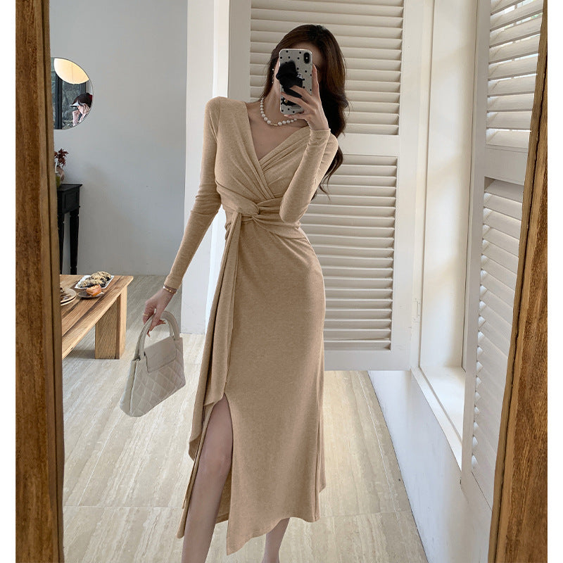 Elegant Pink V-Neck Long Sleeve Dress for Women - Slim Fit Bodycon Midi Dress with Thigh High Slit & Waist Accentuating Design | Perfect for Fall Weddings, Date Nights & Evening Parties