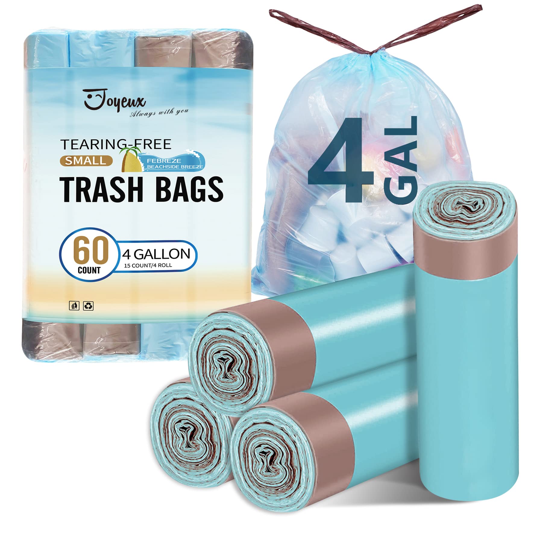 JOYEUX 4 Gallon Small Trash Bags with Drawstring - Tear-Resistant Kitchen & Bathroom Garbage Bags - Fresh Beachside Breeze Scent (60 Count) - Perfect for Home, Office, and Travel Use