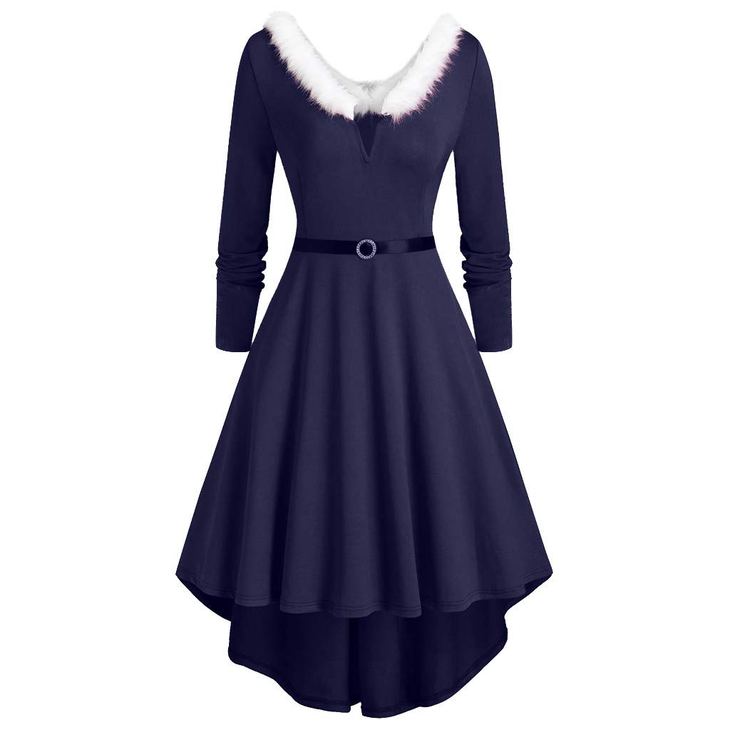 Plus Size Women's Summer Casual Dress with Christmas Patchwork & Faux Fur Panel - Long Sleeve Asymmetric Party Dress for Holiday Gatherings, Christmas Parties & Special Occasions