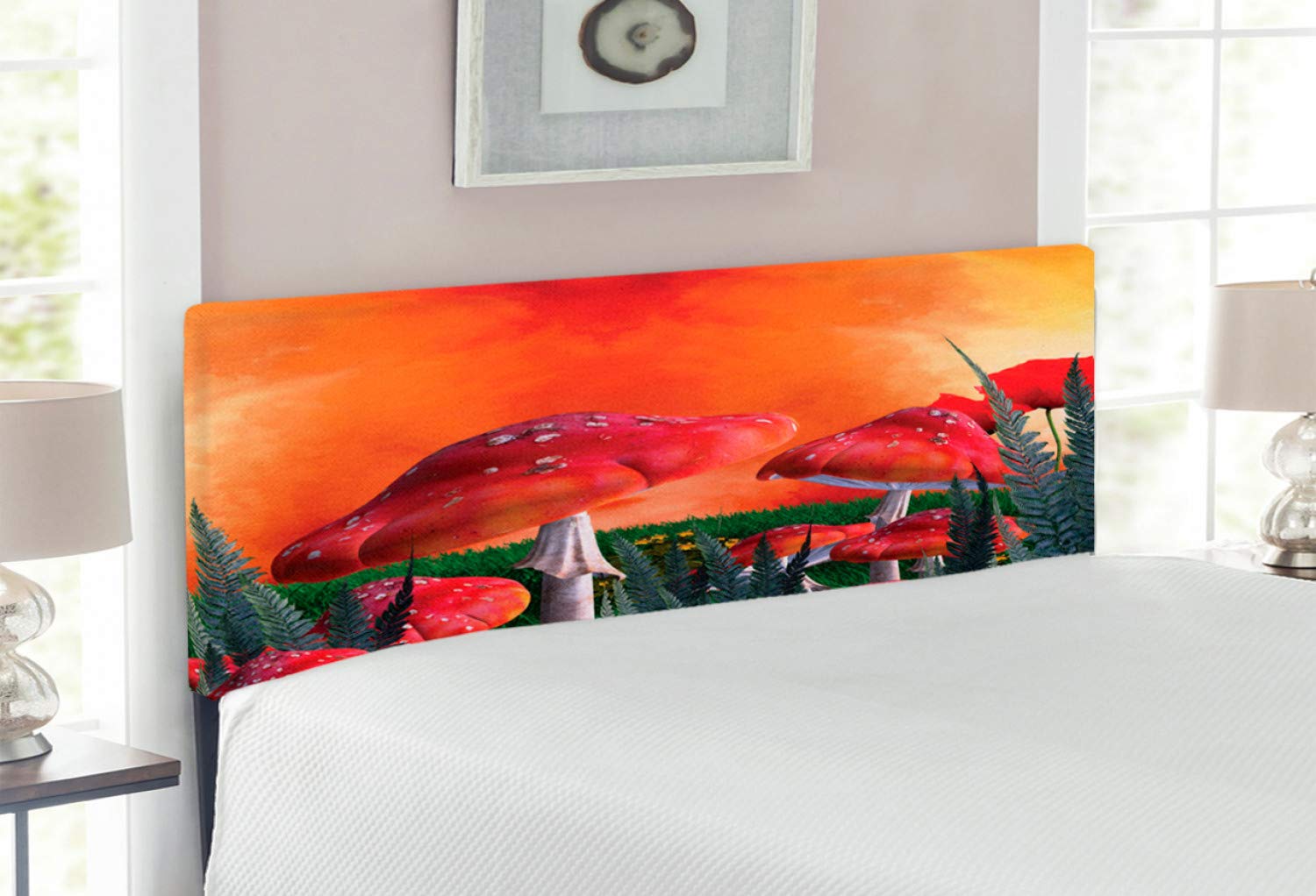 Ambesonne Mushroom Headboard - Upholstered Decorative Metal Bed Headboard with Memory Foam, Full Size in Orange Red Taupe - Whimsical Mushroom Design with Leaves and Poppies - Perfect for Boho Bedroom Decor & Fantasy Themed Rooms