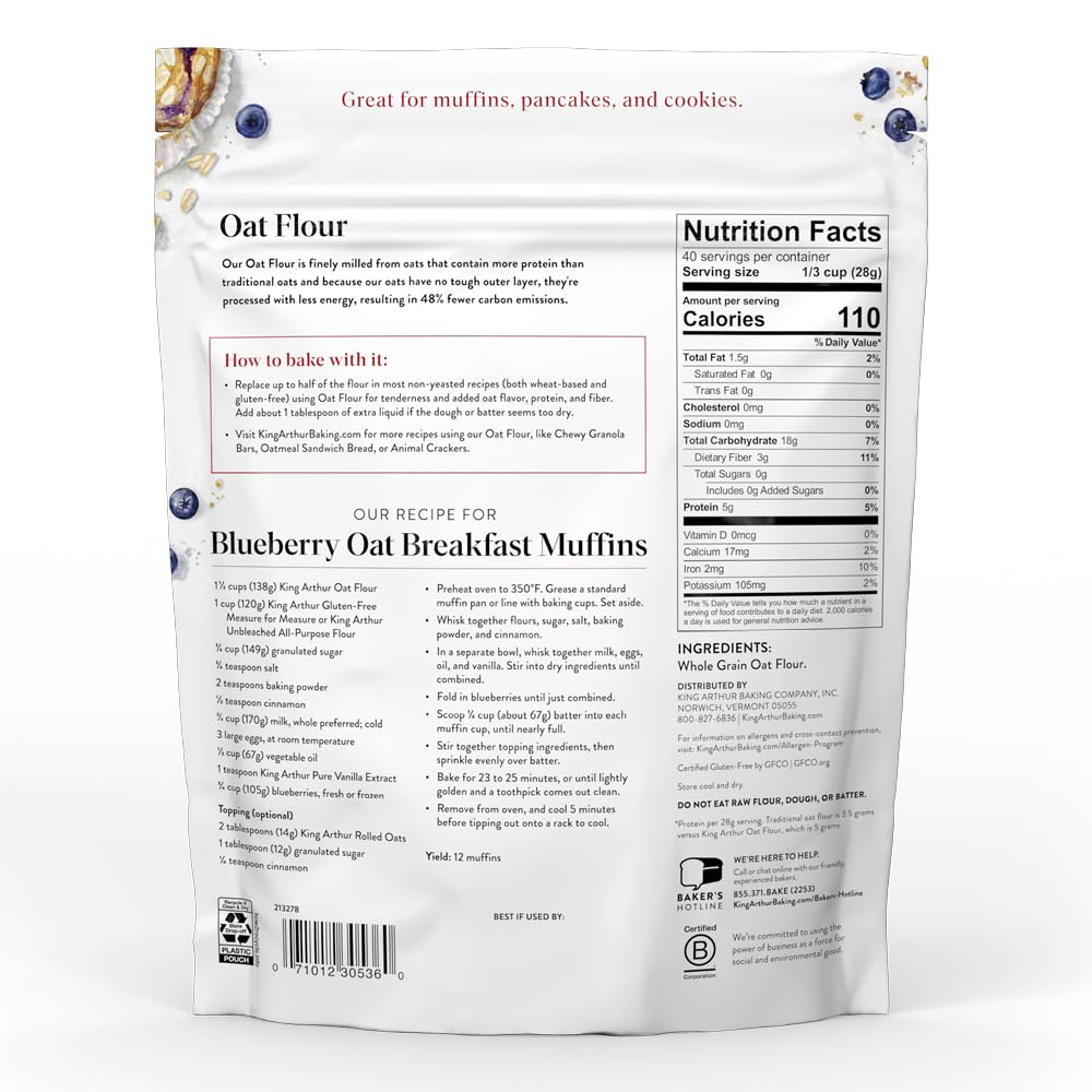 King Arthur Baking Company Gluten-Free Whole Grain Oat Flour 2.5 lbs - Perfect for Baking Bread, Cookies & Healthy Recipes