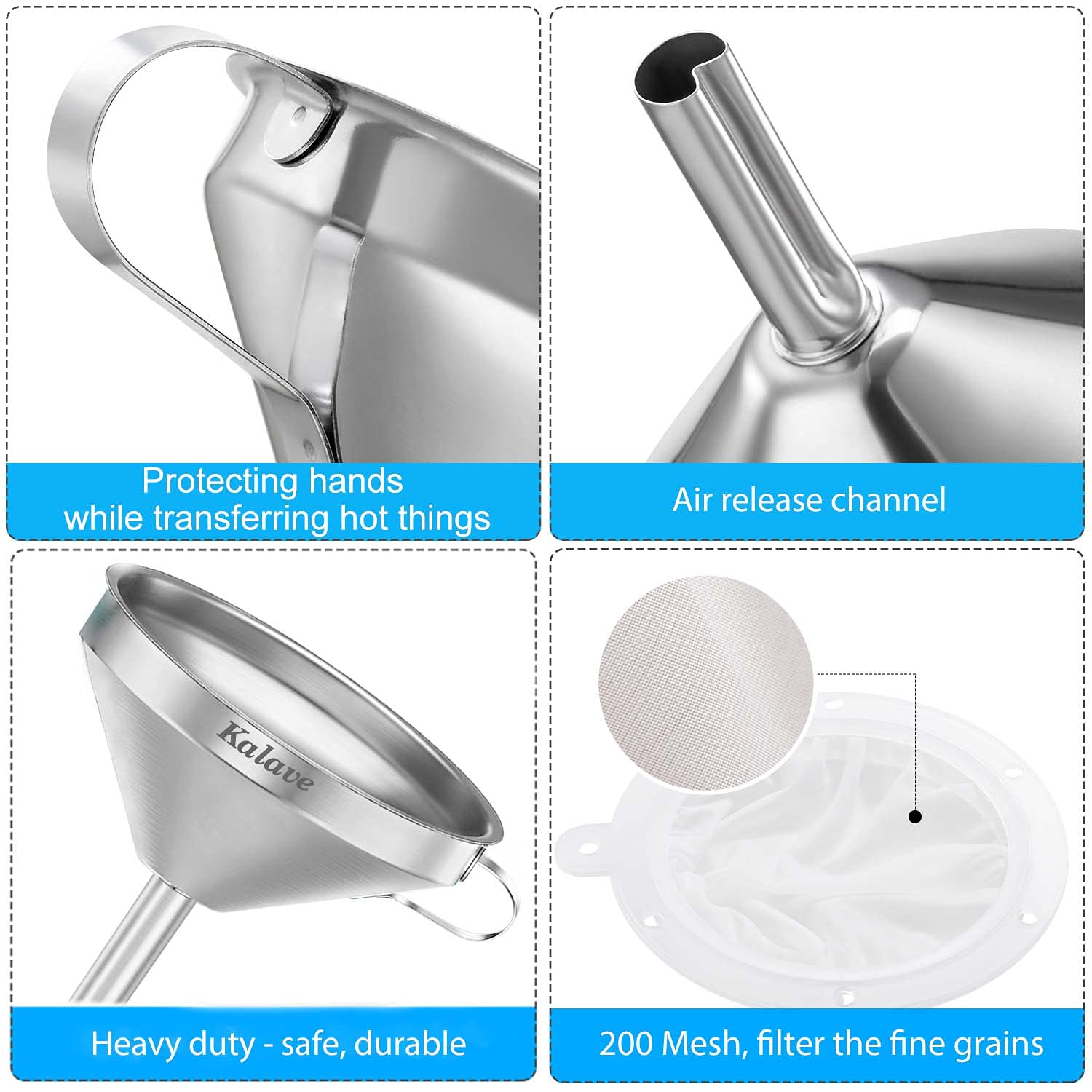 Premium 5 Inch Stainless Steel Kitchen Funnel with 200 Mesh Filter - Food Grade Metal Funnel for Bottles, Oils, Juice, Wine, Coffee & Milk - Ideal for Home Brewing, Canning, Cooking & Bartending