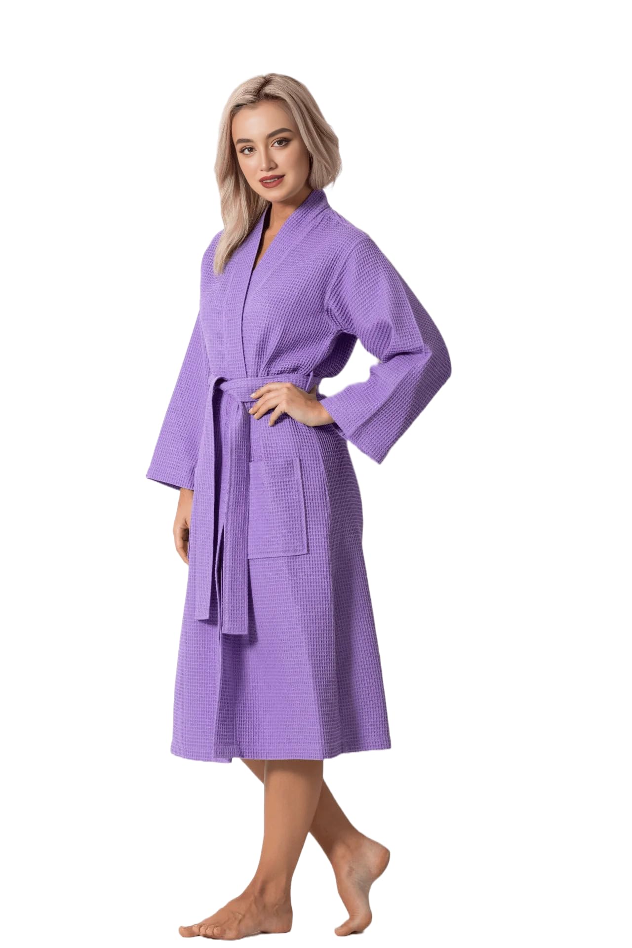 100% Cotton Women's Waffle Turkish Bathrobe - Soft & Absorbent Lavender Purple Robe - One Size Fits Most - Perfect for Spa, Beach Cover-Up & Relaxing at Home
