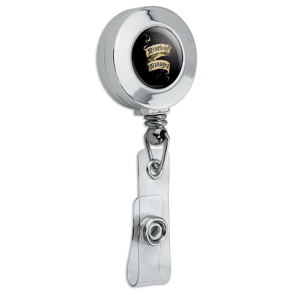 Harry Potter Mischief Managed Retractable Badge Reel - Chrome ID Card Holder Clip for Work, School, and Cosplay - Perfect for Teachers, Nurses, and Potterheads