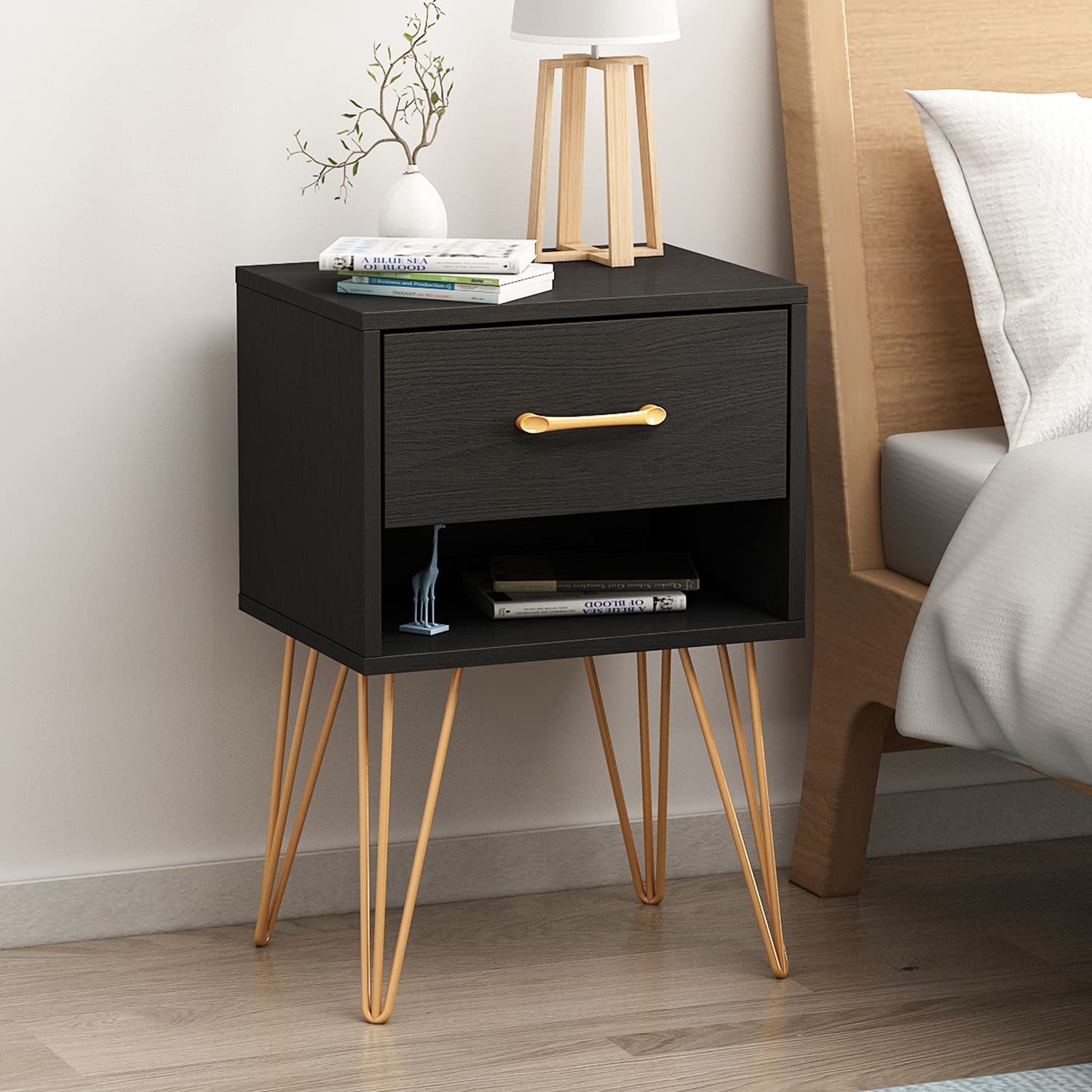 Homsee Nightstand with Drawer & Shelf - Modern Bedside Table with Iron Legs for Bedroom, Living Room - Black End Table for Small Spaces & Apartment Decor