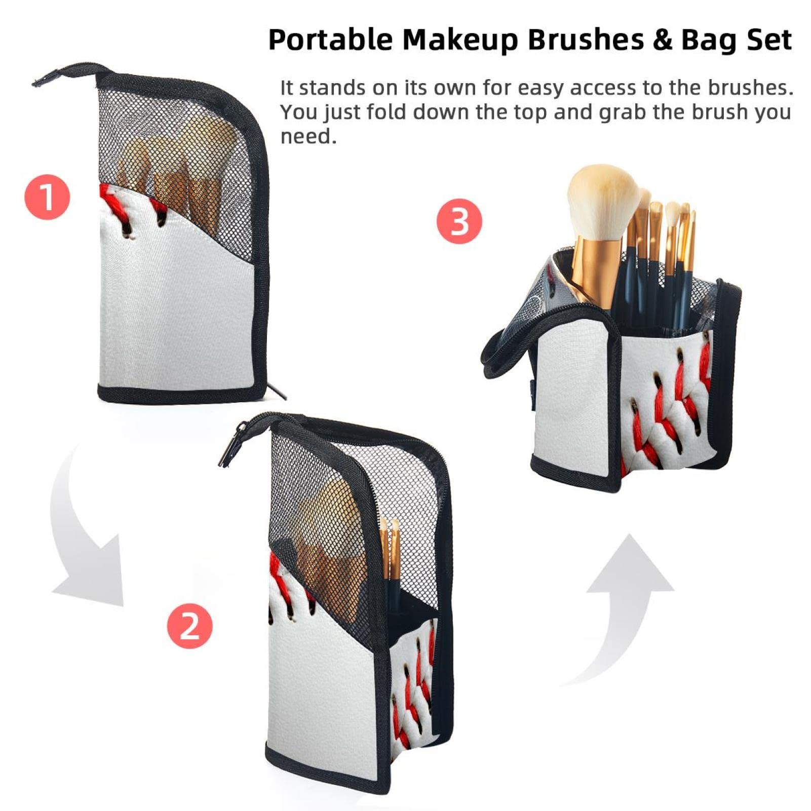 12-Piece Makeup Brush Organizer Bag - Portable Cosmetic Brush Holder Case with White & Red Baseball Design | Perfect for Travel, Gym & On-the-Go Makeup Touchups