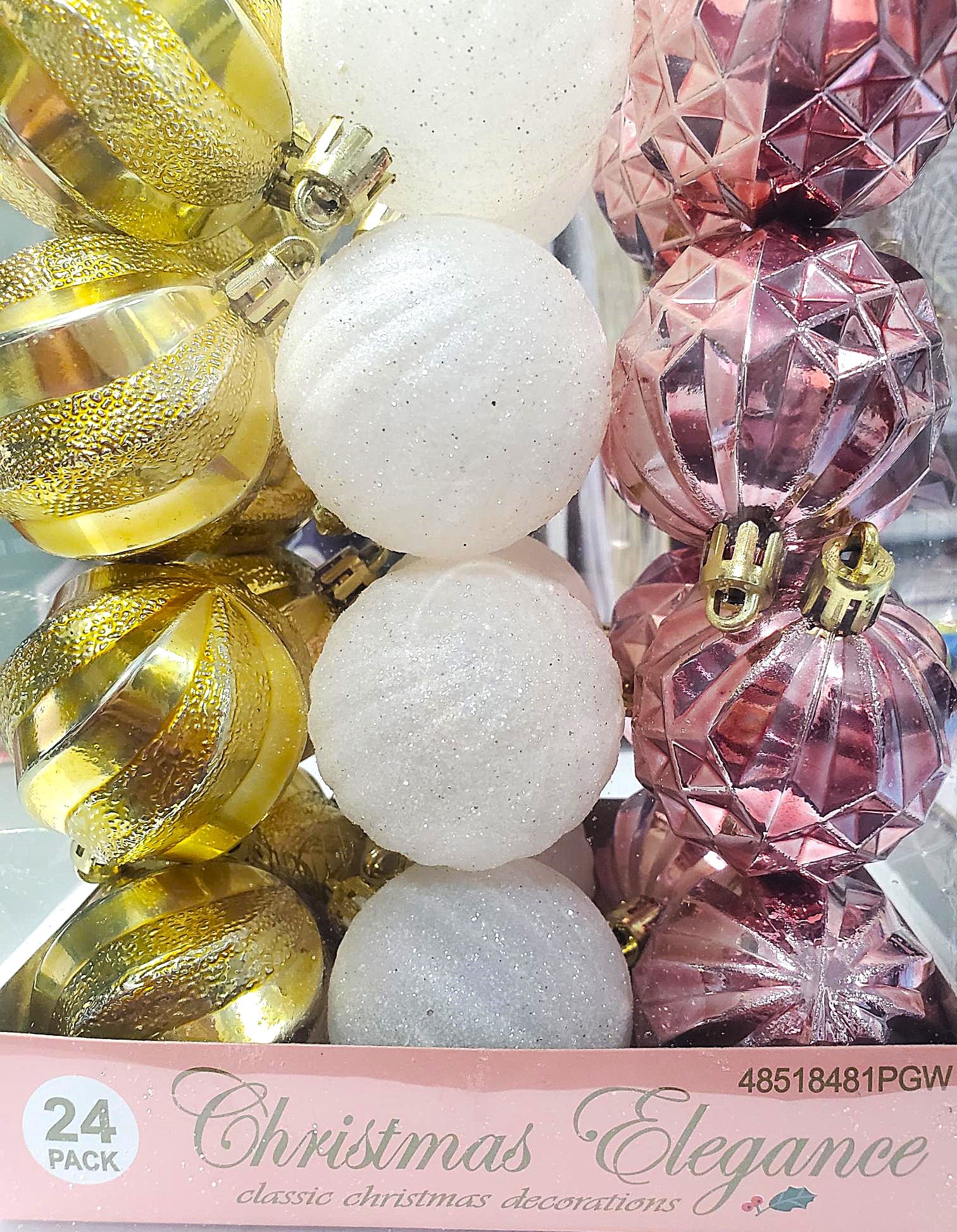 24 Pack of 50MM Gold, White & Rose Gold Christmas Tree Ornaments - Perfect for Holiday Decor, Party Favors & Gift Toppers