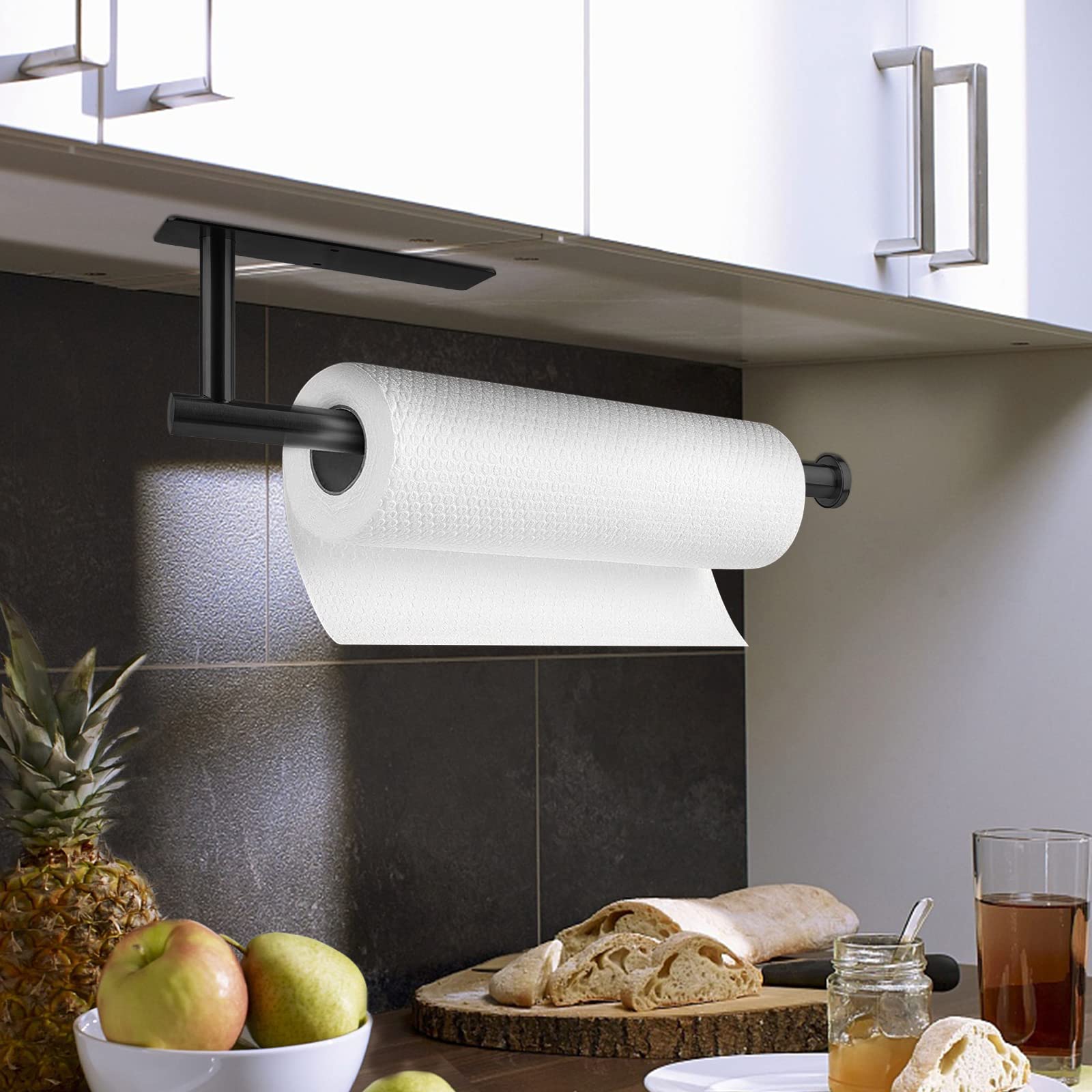 Stainless Steel Wall Mounted Tissue Holder - 13 Inch Self-Adhesive Toilet Paper Dispenser with Screws for Vertical or Horizontal Installation (Black) | Perfect for Bathroom, Kitchen, Office & RV Organization