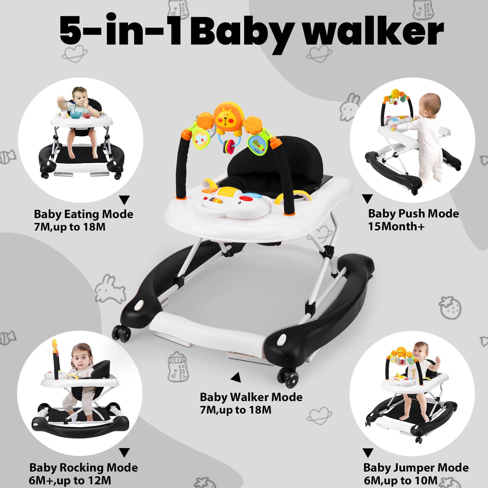 5-in-1 Foldable Baby Walker with Bouncer, Adjustable Height & Removable Tray - Interactive Learning Toy with Music for Infants 6-18 Months - Perfect for First Steps, Playtime & Feeding (Ideal for Nursery, Living Room & Daycare)