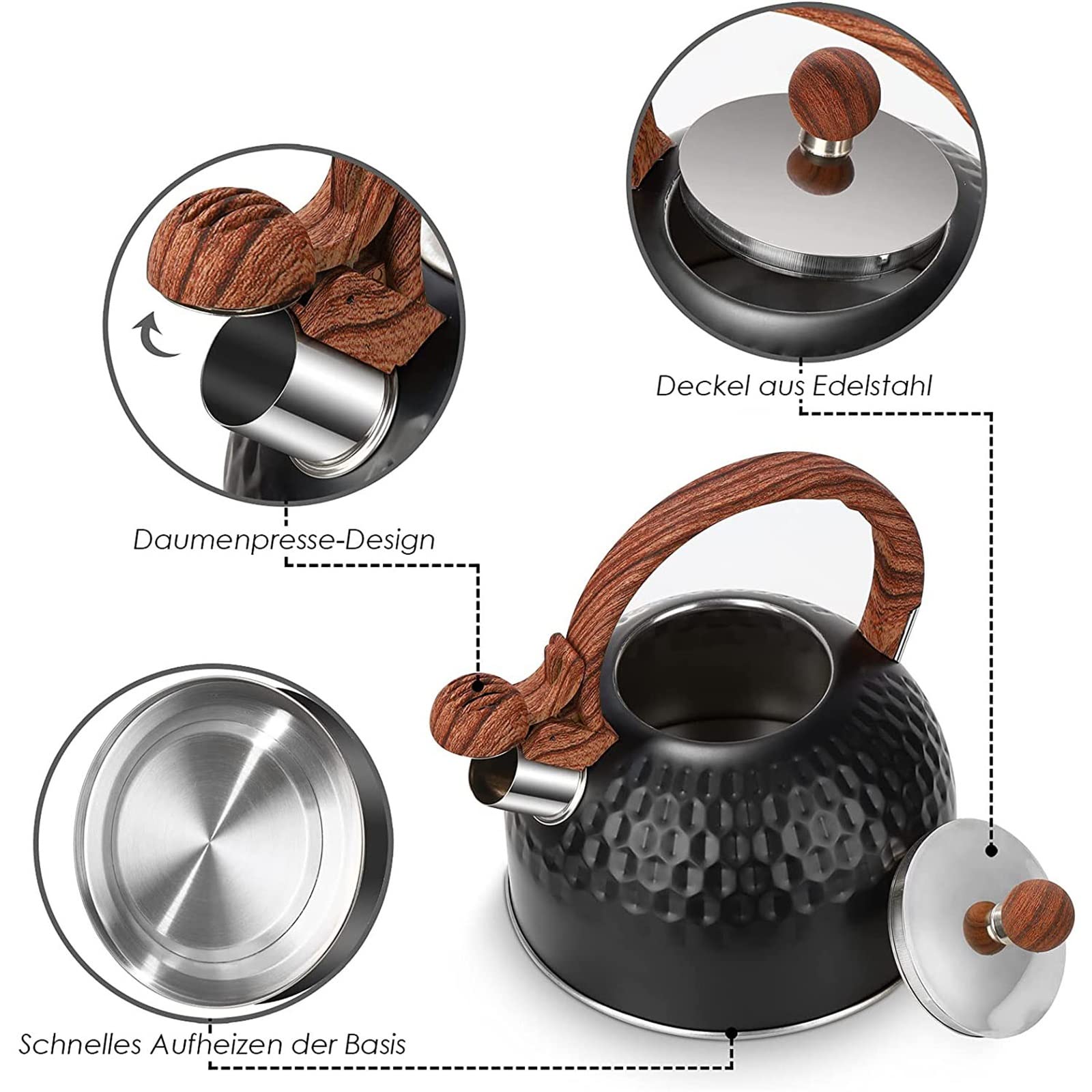 2.5L Retro Camping Kettle - Black Induction & Stovetop Tea Kettle with Whistle - Perfect for Gas Stove, Ceramic Oven & Induction Hob - Ideal for Outdoor Adventures, Home Kitchen & Tea Brewing