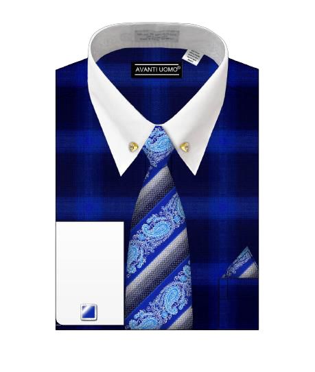AVANTI UOMO TWO TONE MIXED FRENCH CUFF DRESS SHIRT WITH COLLAR BAR - DS3817P2 ROYAL BLUE | Formal Business Attire & Special Occasion Wear