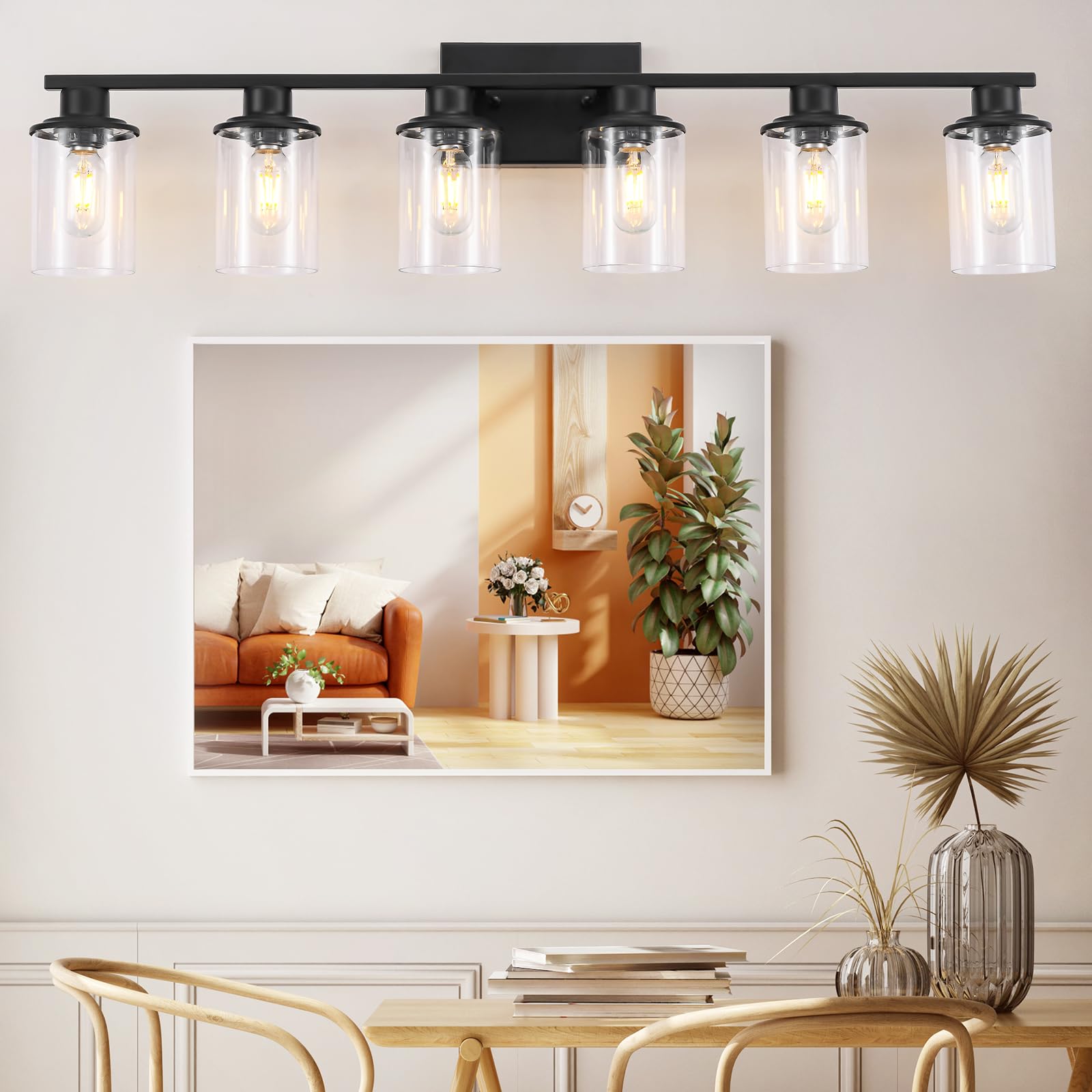 LOUSACE 6-Light Modern Bathroom Vanity Light Fixture - Matte Black Wall Sconce with Clear Glass Shade for Mirror Lighting | Perfect for Bathroom, Bedroom, Living Room & Dressing Area Decoration