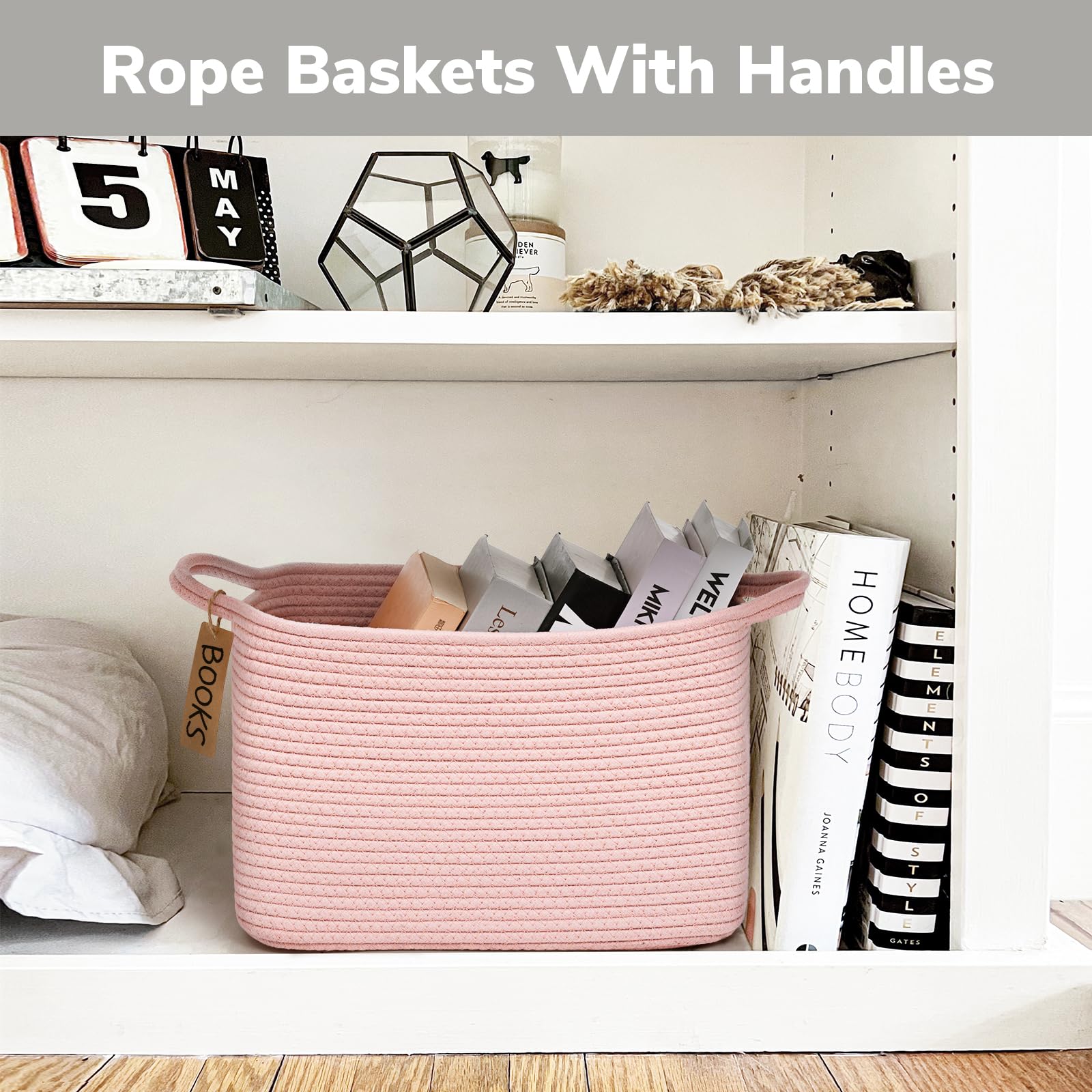 Goodpick 3-Pack Woven Rope Storage Baskets - 13x10x9 Inch Pink Organizing Bins with Handles for Toys, Books, Home Decor | Perfect for Closet, Nursery, Living Room & Gift Packaging