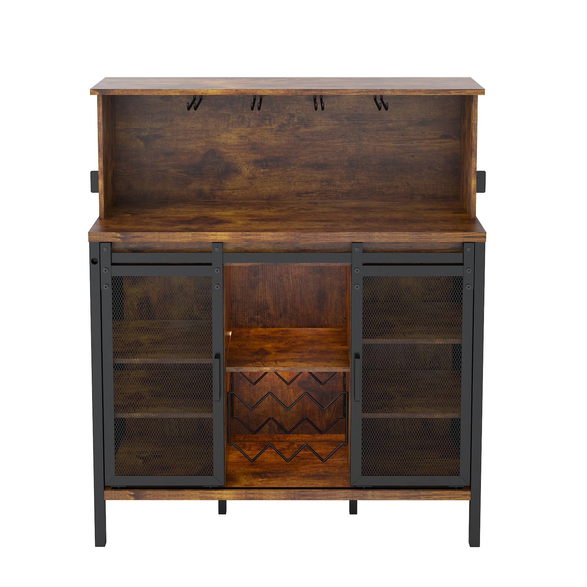 Rustic Brown Farmhouse Coffee & Wine Bar Cabinet with Sliding Barn Door - Buffet Storage Cabinet with Wine Rack, Glass Holder & LED Lighting for Kitchen, Living Room, Dining Room - Perfect for Entertaining Guests & Home Decor