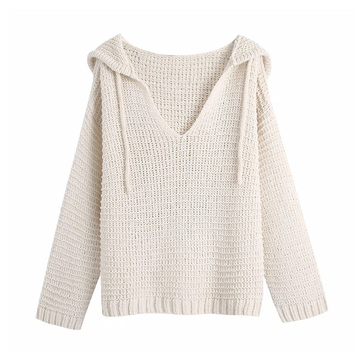 Vintage Knit Sweater for Women - Cozy Fall Long Sleeve Hooded Pullover | Loose Fit Casual Wear for Autumn Outings & Coffee Dates