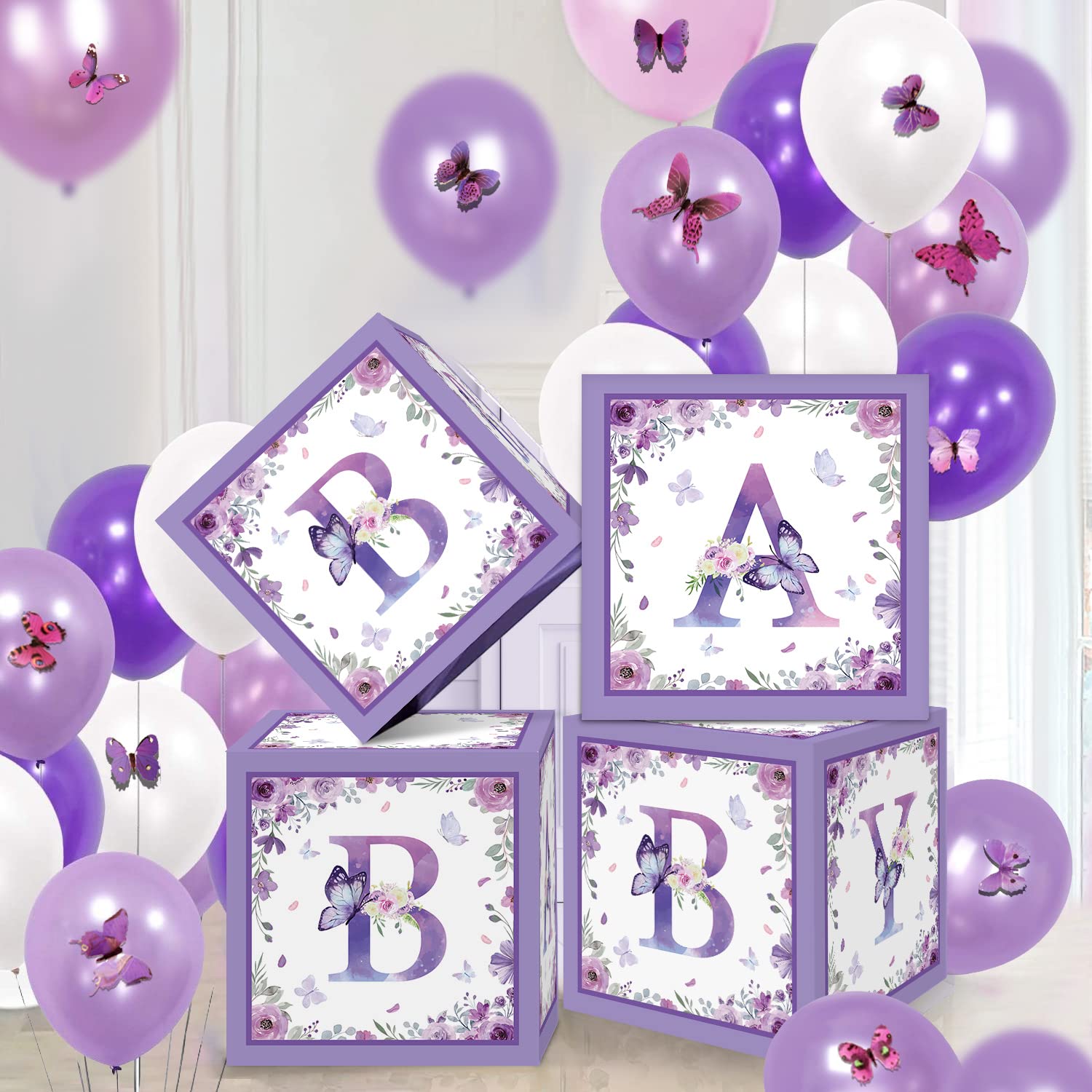 Purple Butterfly Baby Shower Decor Boxes - 4pc Gender Reveal & Birthday Centerpieces for Party Decorating