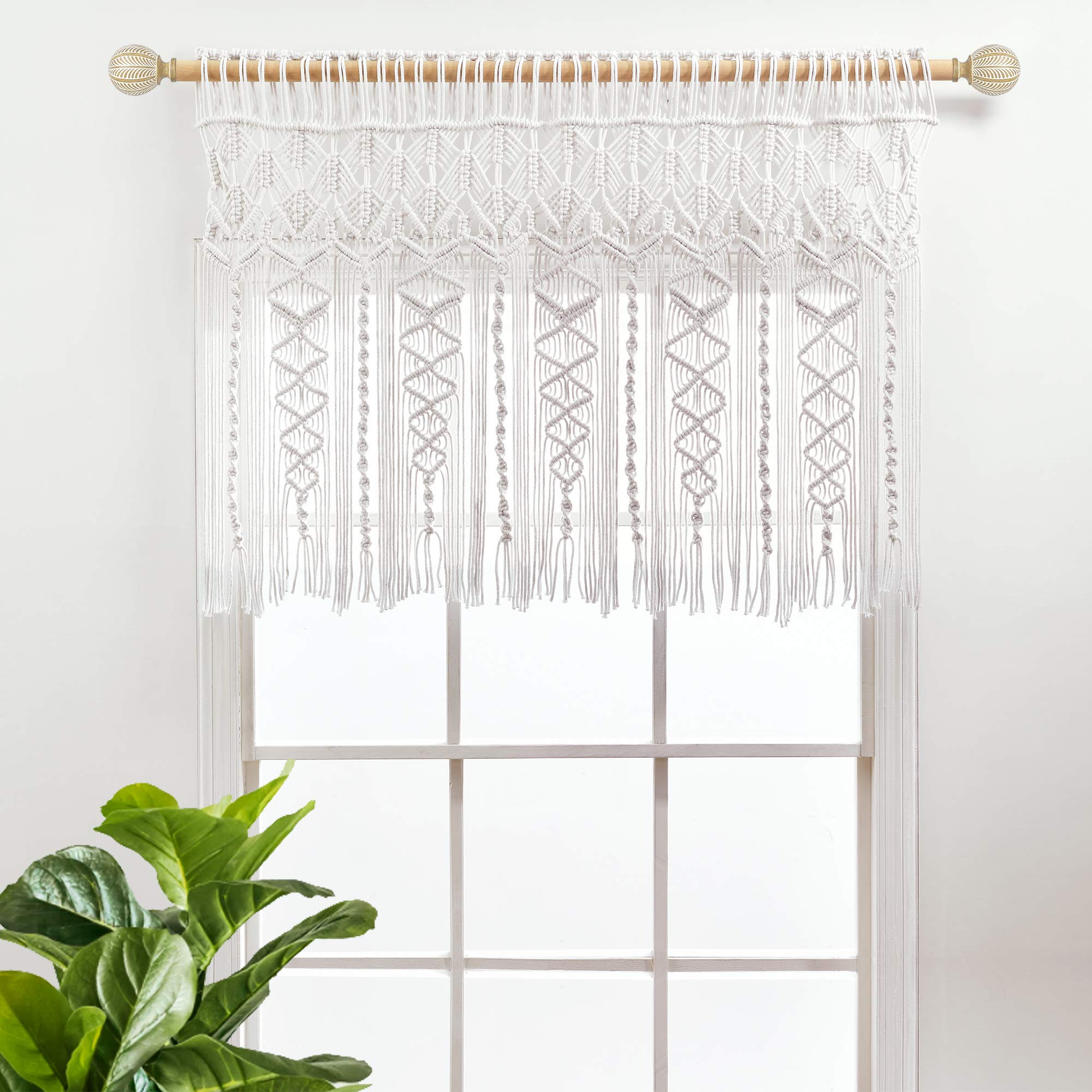 Lush Decor Boho Macrame Textured Cotton Valance - 40 Inch Wide x 30 Inch Long White Window Curtain - Bohemian Kitchen Decor, Bathroom Window Treatment & Wall Hanging for Bedroom, Living Room
